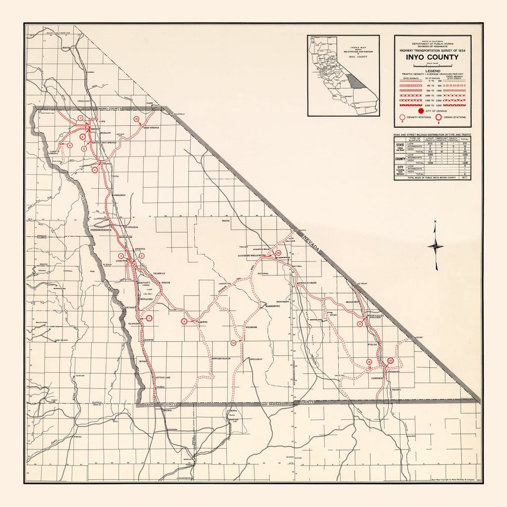 Vintage Map of Inyo County, California 1935