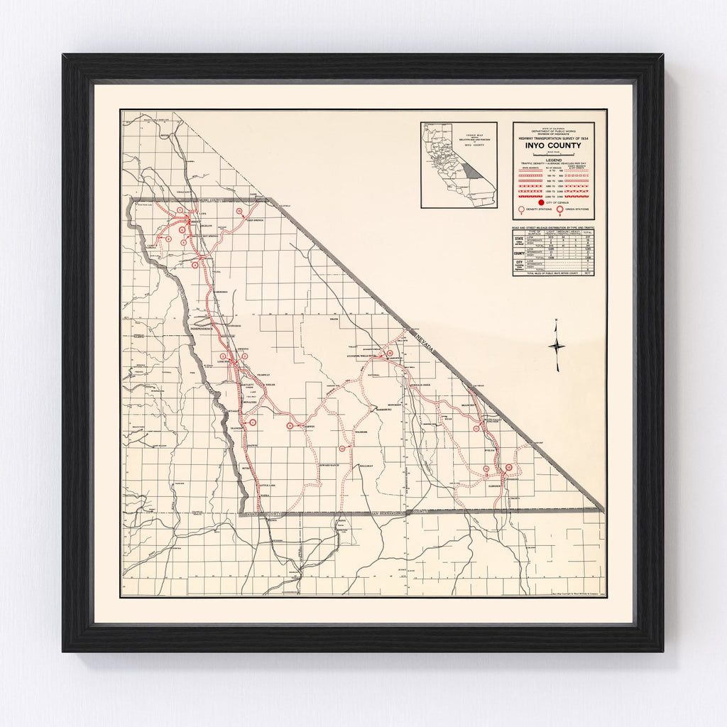 Vintage Map of Inyo County, California 1935