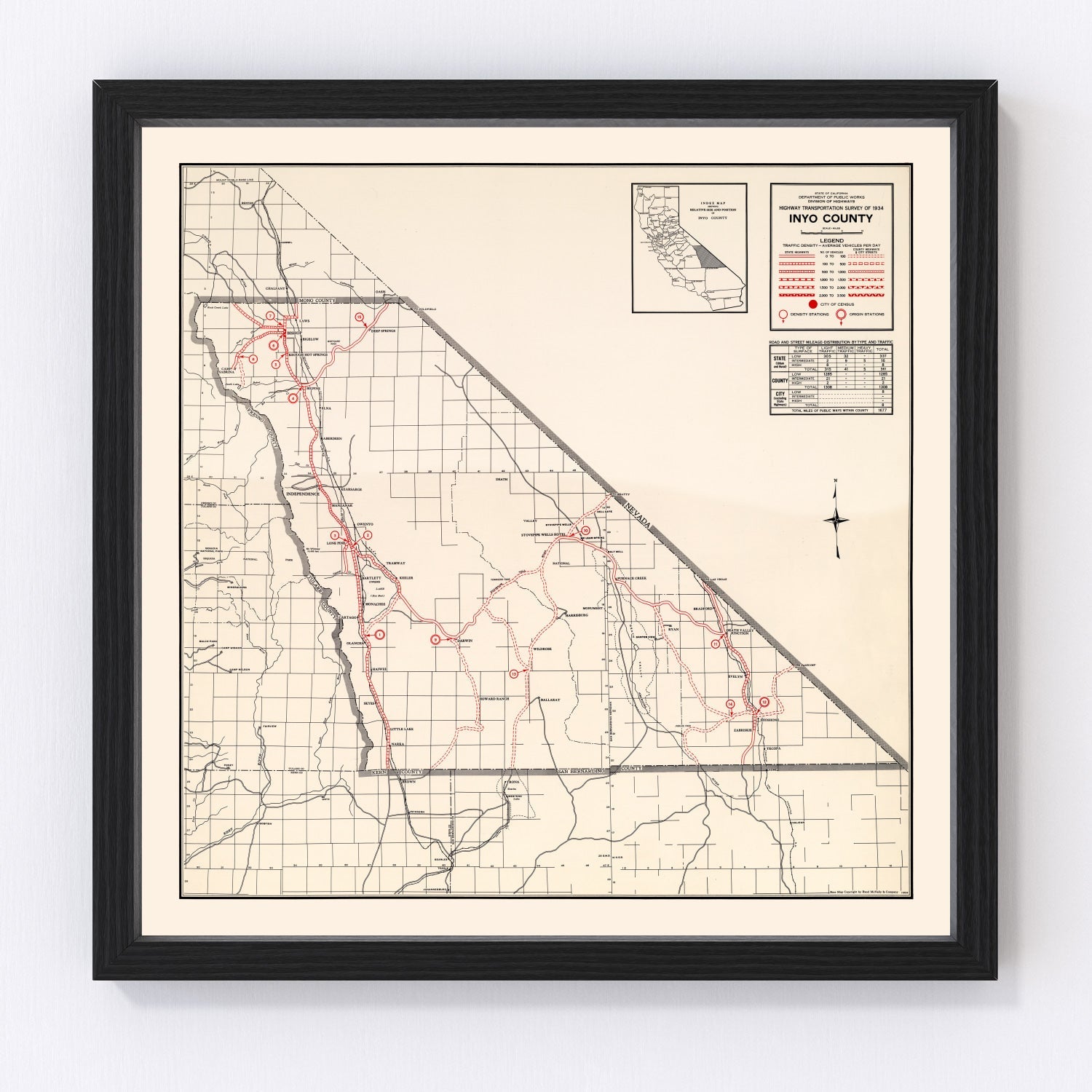 Vintage Map of Inyo County, California 1935