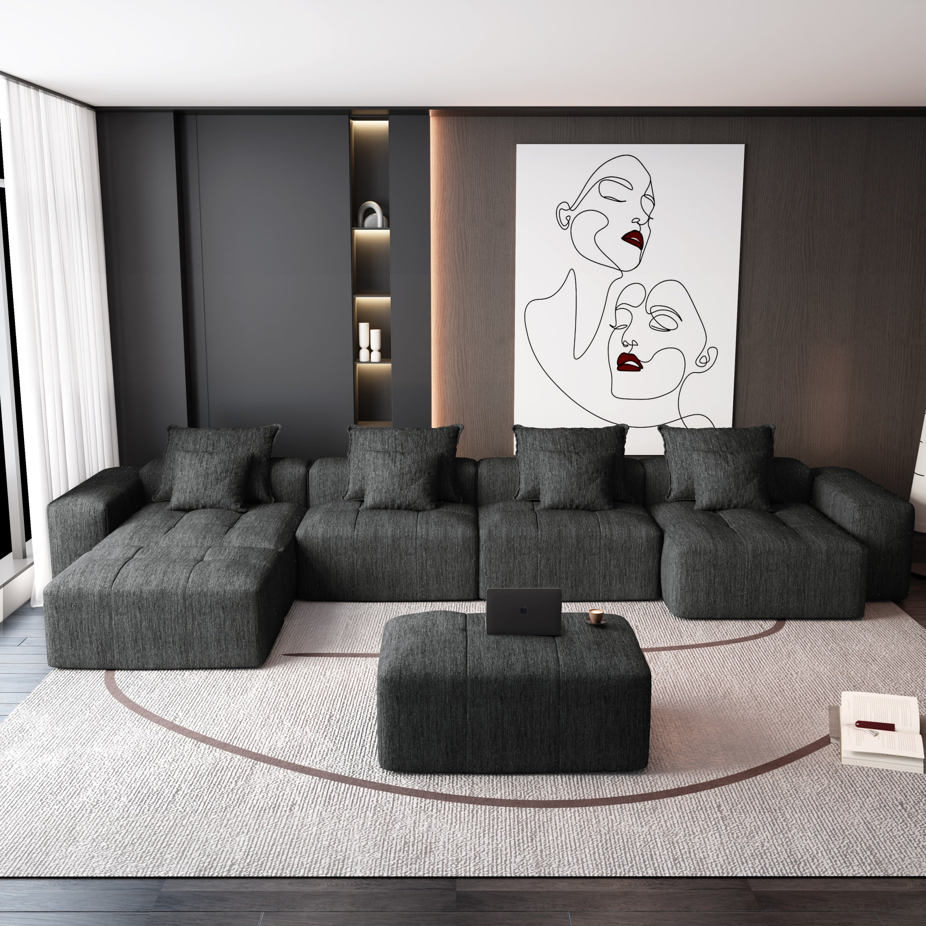 Modern Oversized Modular Sectional Sofa, Sparkling Chenille Fabric Soft Cushion Sofa with 8 Pillows, 8 PCS DIY Combination Tufted Sofa, No Assembly Required, BLACK