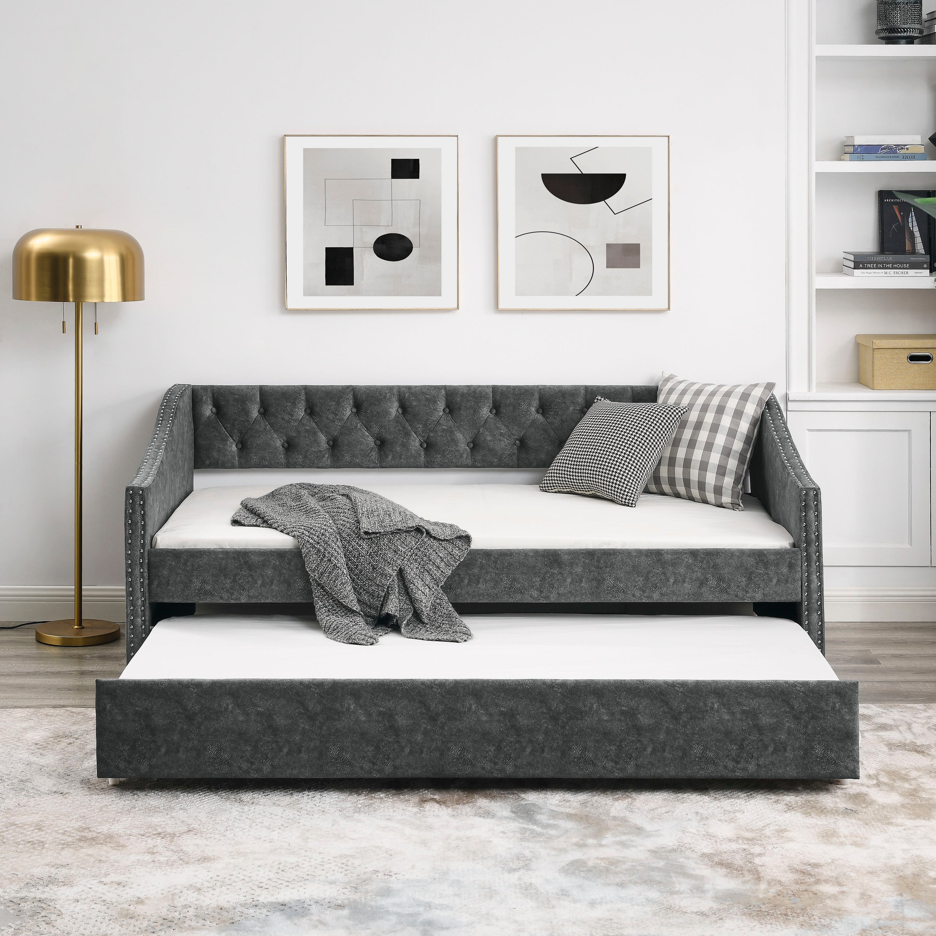 Twin Size Daybed with Twin Size Trundle Upholstered Tufted Sofa Bed, with Button on Back and Copper Nail on Waved Shape Arms, Grey (80.5'x41'x30.5')