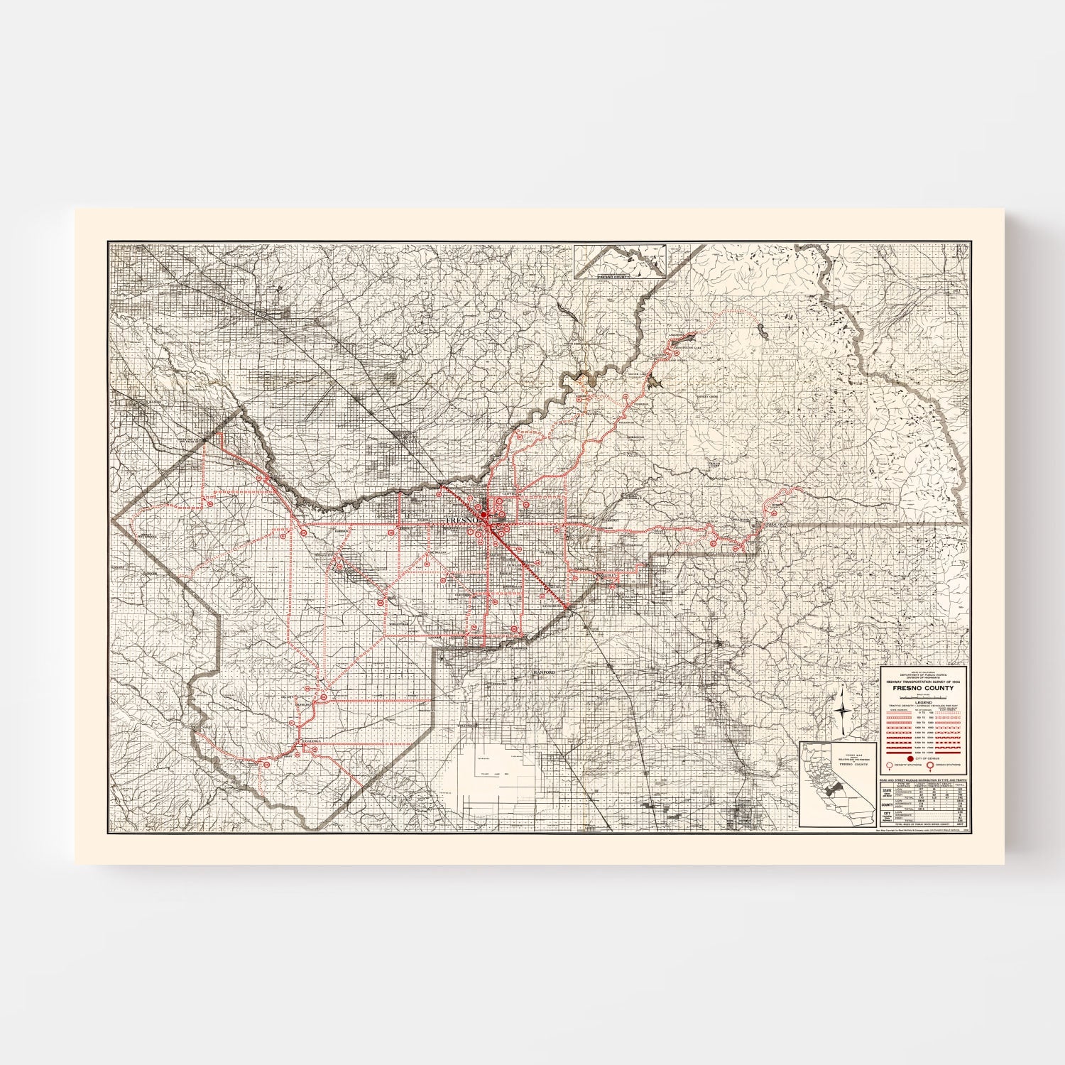Vintage Map of Fresno County, California 1935