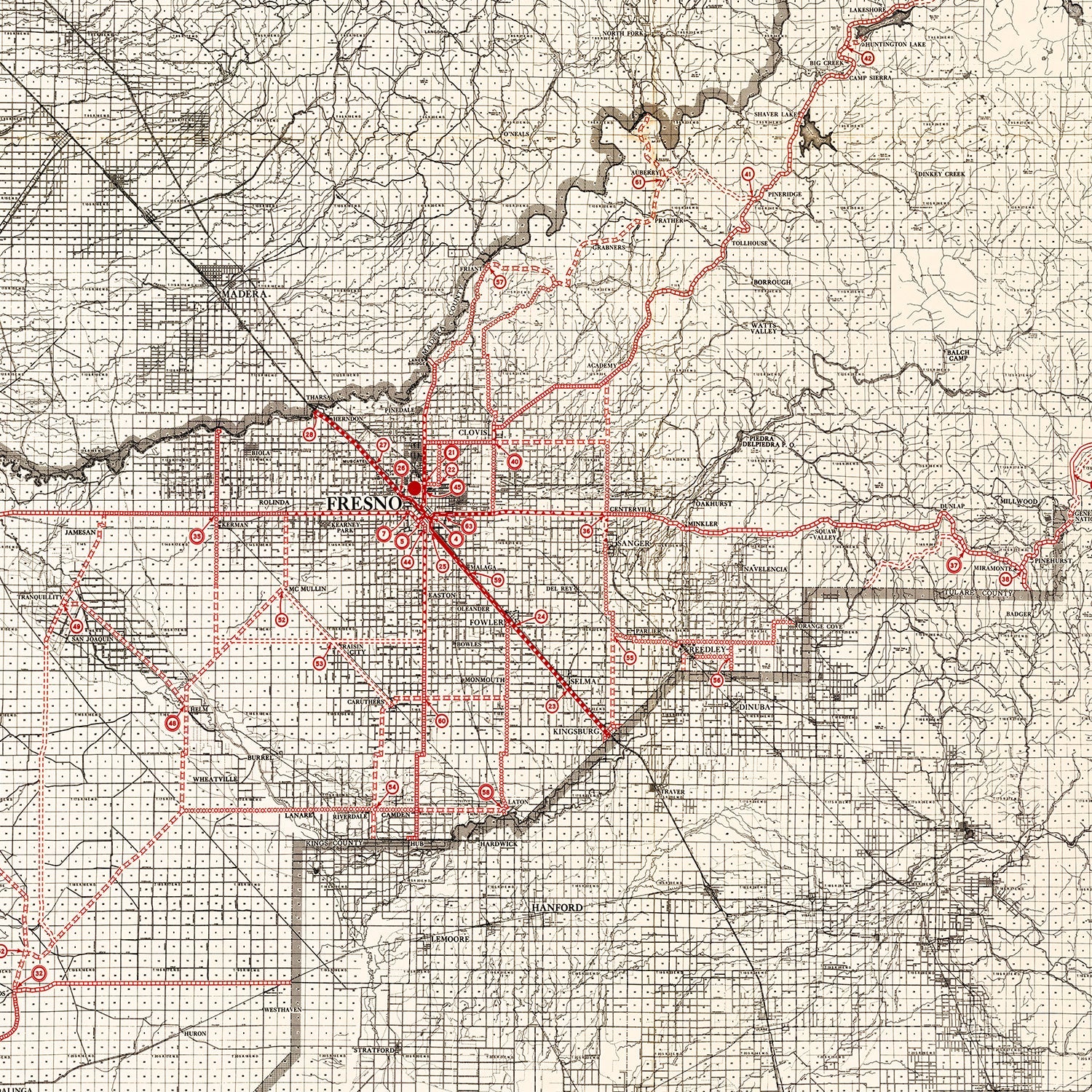 Vintage Map of Fresno County, California 1935