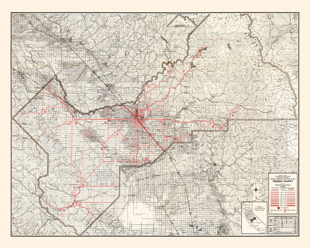 Vintage Map of Fresno County, California 1935