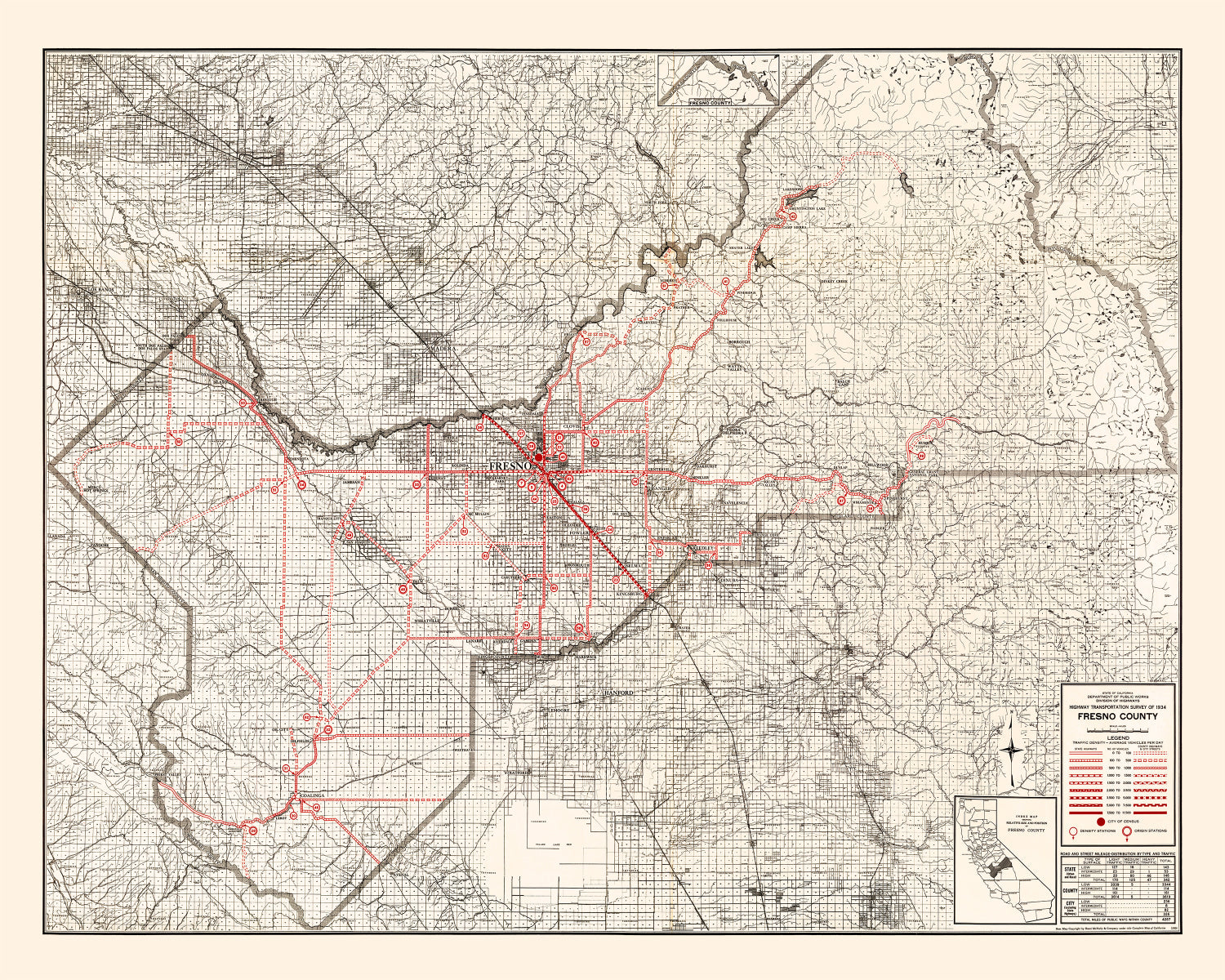 Vintage Map of Fresno County, California 1935