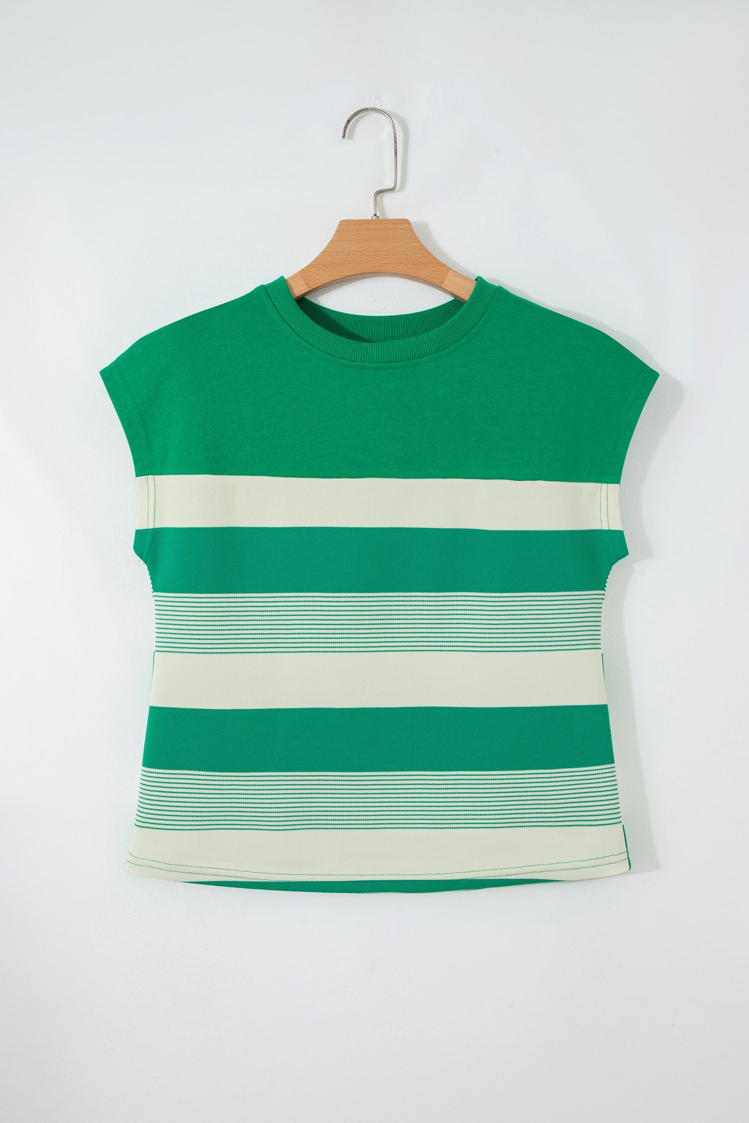 Stripe Mixed Crew Neck Cap Sleeve T-Shirt