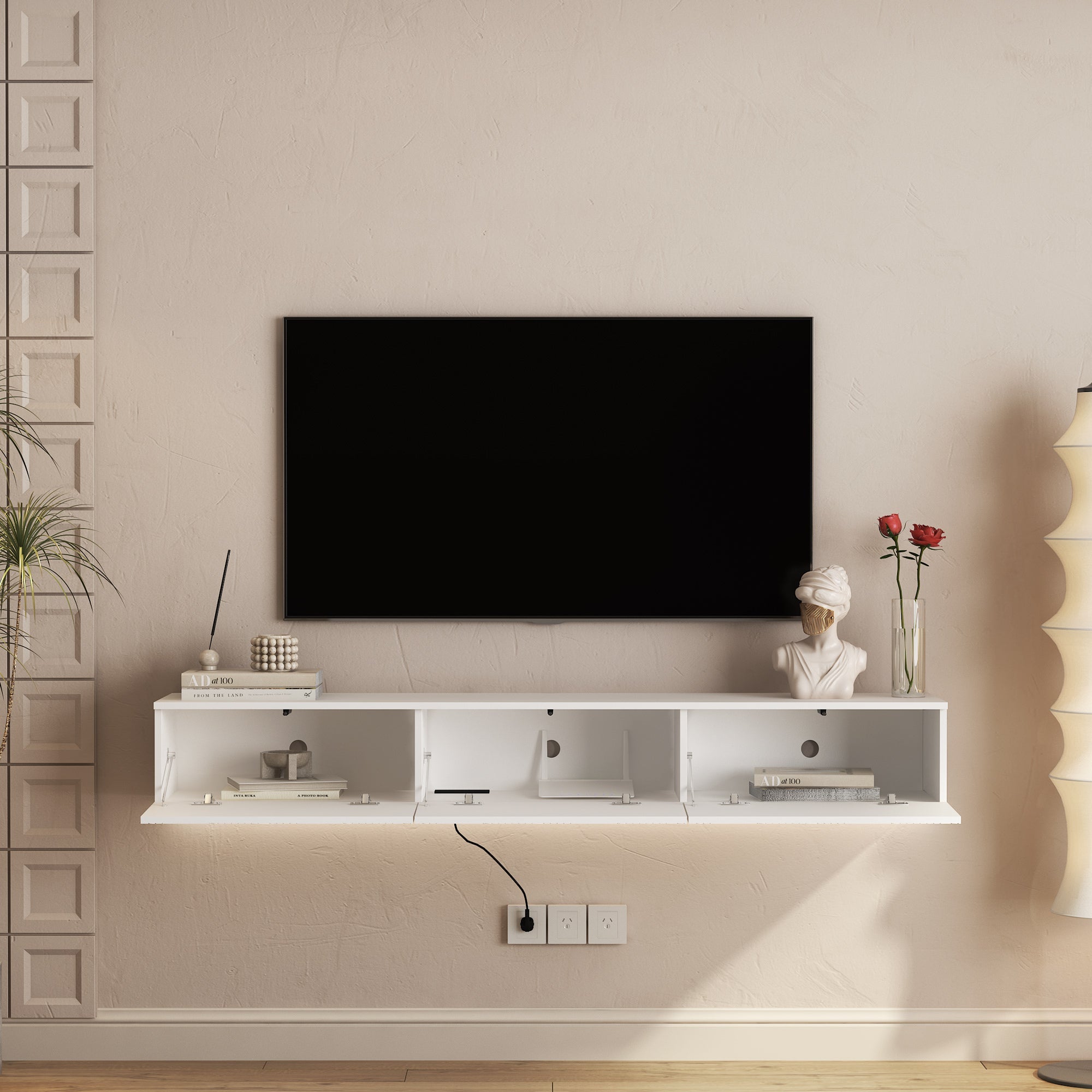 Floating TV Stand Wall Mounted with 16 Color LEDs,67' Modern TV Stand, Floating TV Cabinet Entertainment Center for 55 60 65 Inch TV,White
