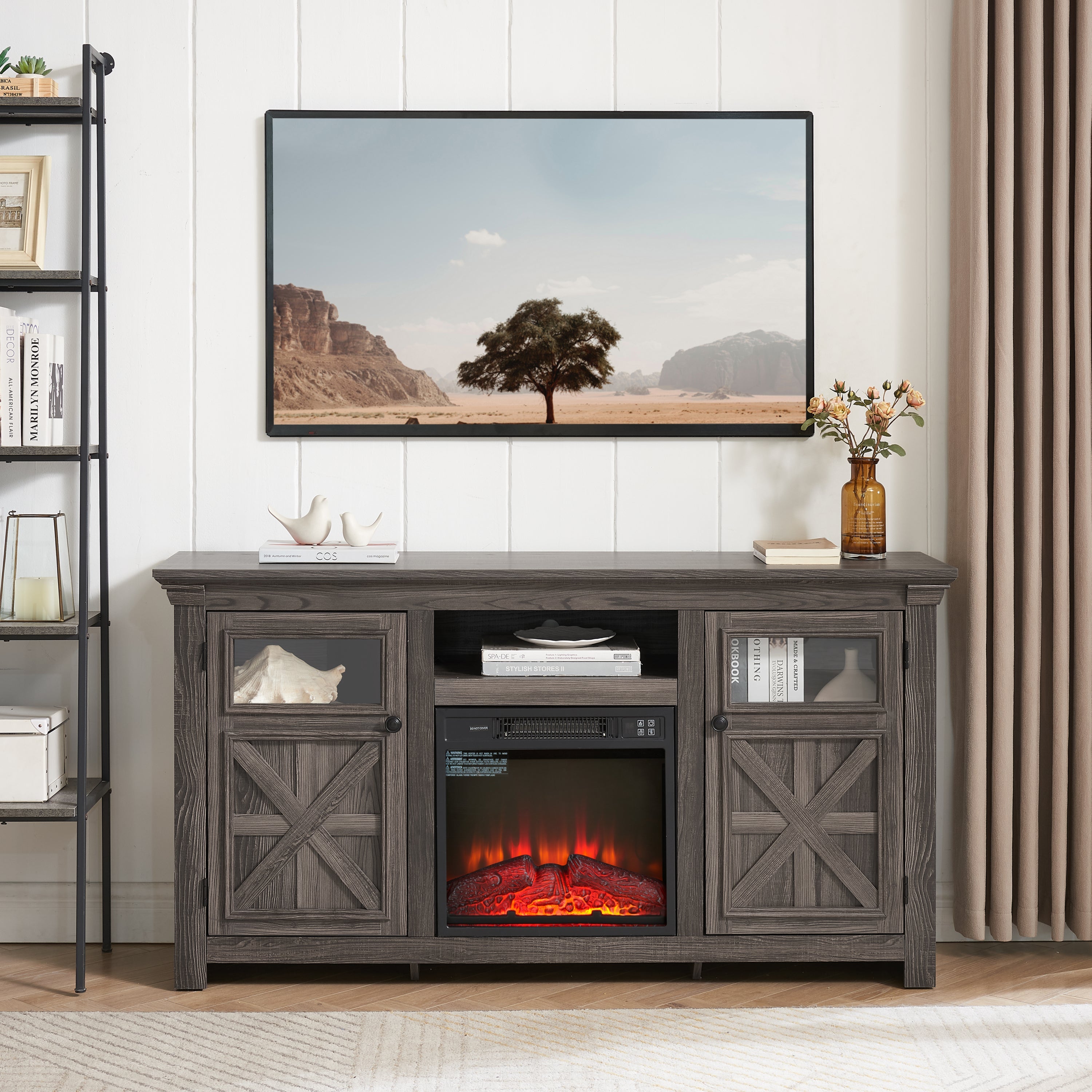 2 Doors Cabinet Farmhouse  Cabinet, Farmhouse TV Stand Barn Design,Farmhouse TV Media Stand, Large Barn Inspired Home Entertainment Console with 18' fireplace insert,GREY, 60.23'W*15.35'D*31.7'H