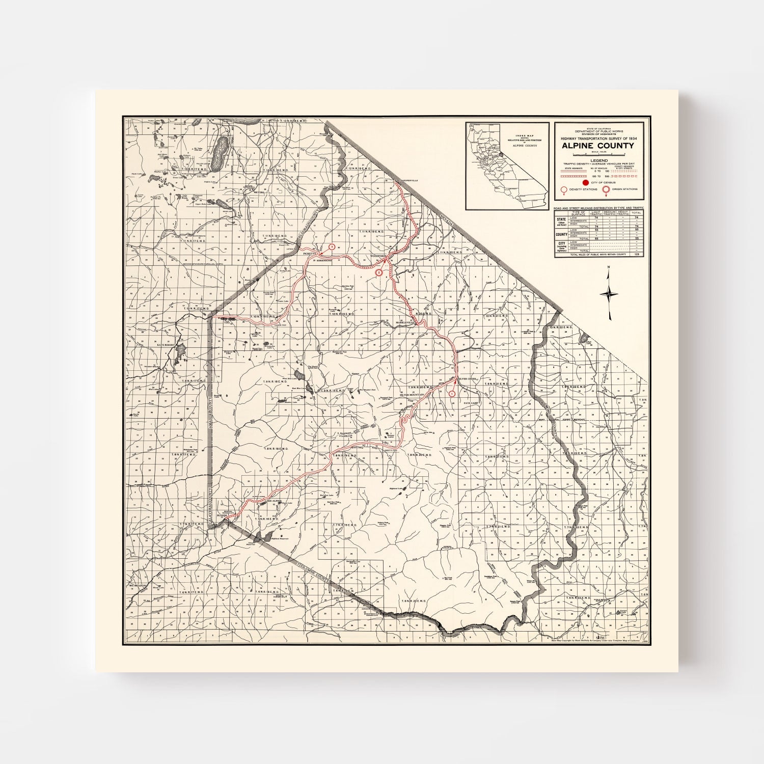Vintage Map of Alpine County, California 1935