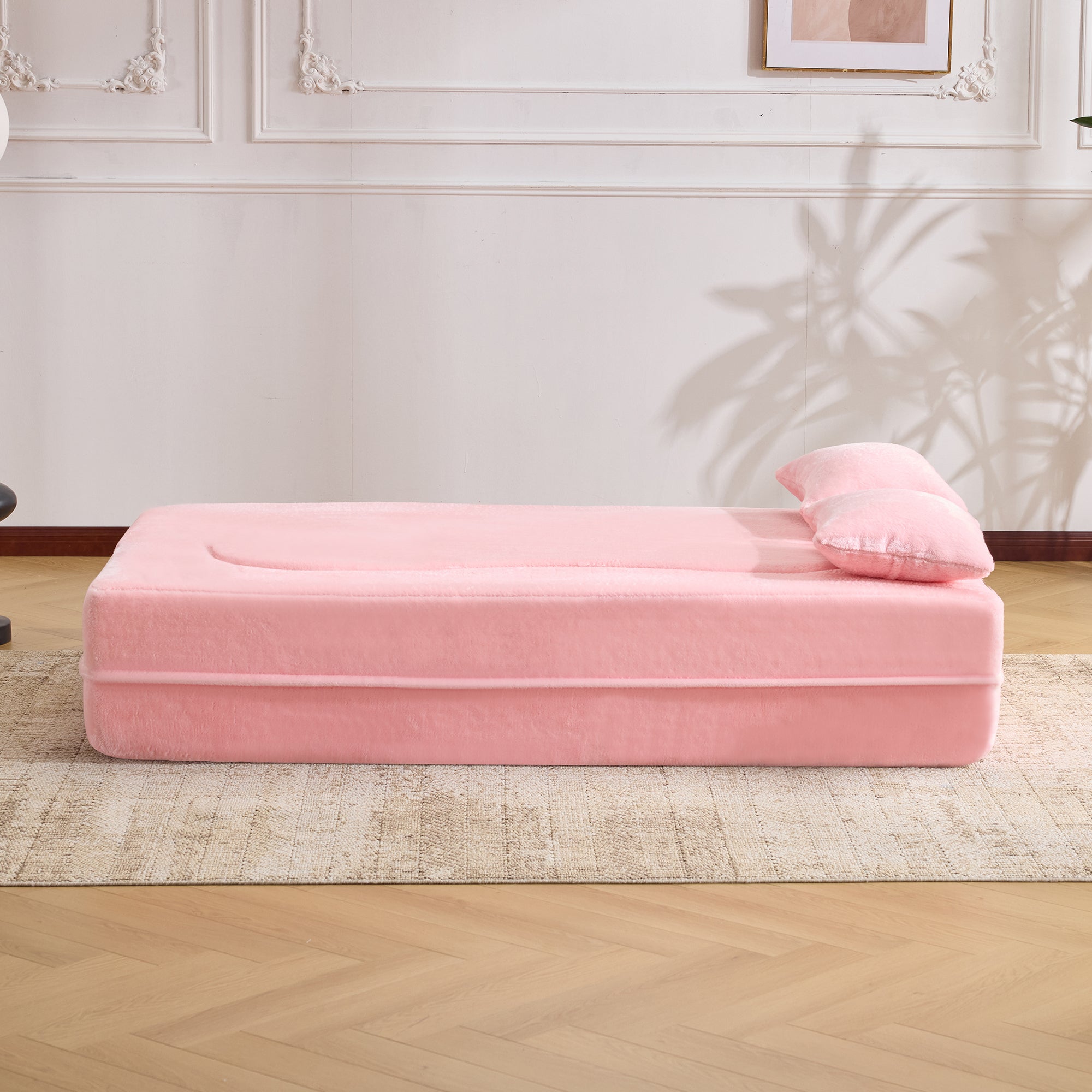 71-inch folding sofa bed, chenille futon sofa bed, high-density foam convertible sofa bed, folding floor sofa bed for living room, guest room, bedroom, pink
