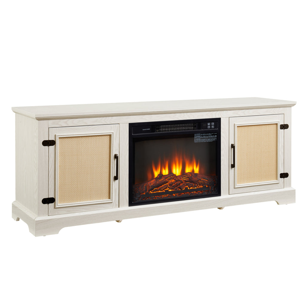 Natural Rattan Door Cabinet with Adjustable Shelf Wood, Farmhouse Rattan TV Stand Console Table for TVs up to 70 Inches, Storage tv stand with 23' fireplace insert, 65'W*15.55'D*23.86'H, White