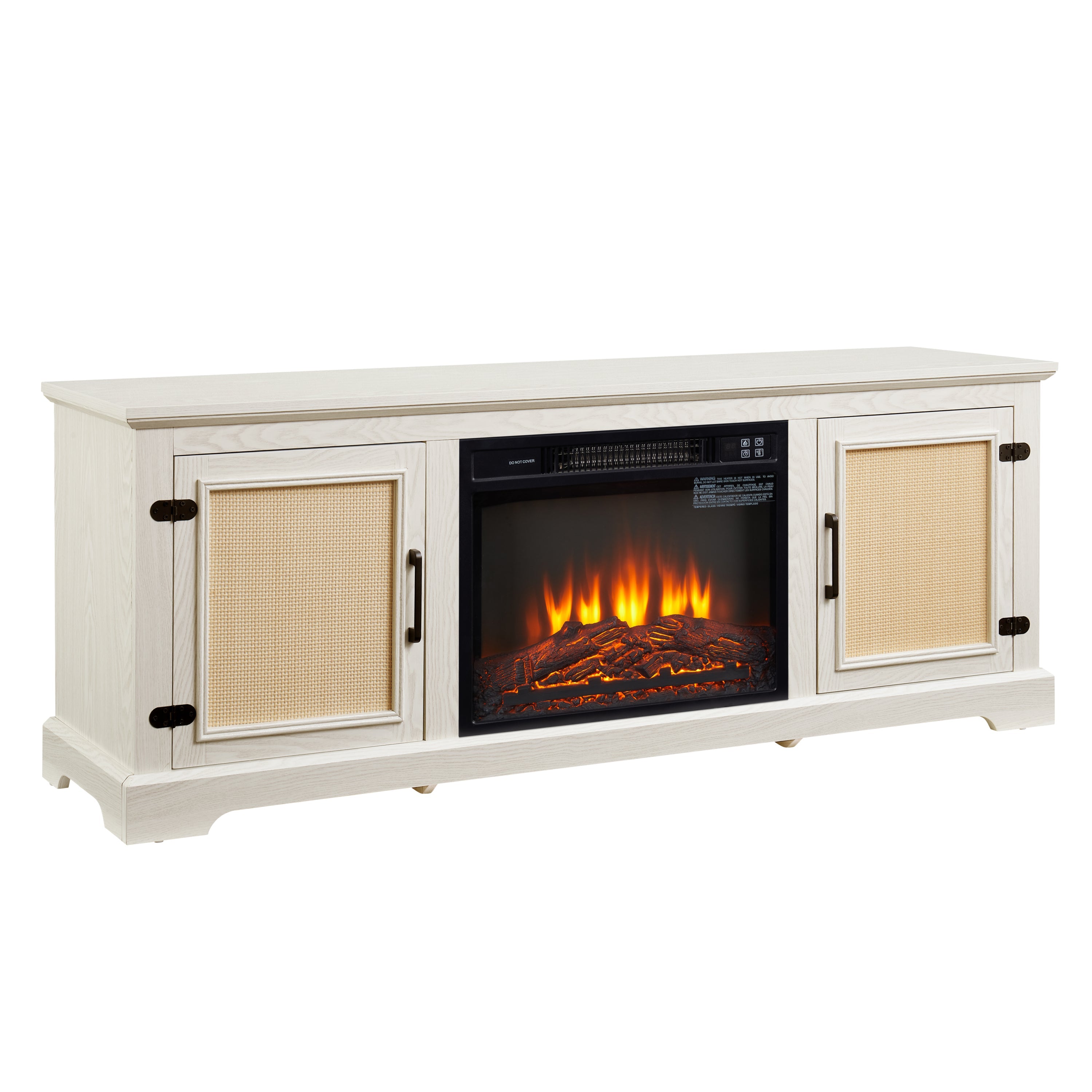 Natural Rattan Door Cabinet with Adjustable Shelf Wood, Farmhouse Rattan TV Stand Console Table for TVs up to 70 Inches, Storage tv stand with 23' fireplace insert, 65'W*15.55'D*23.86'H, White