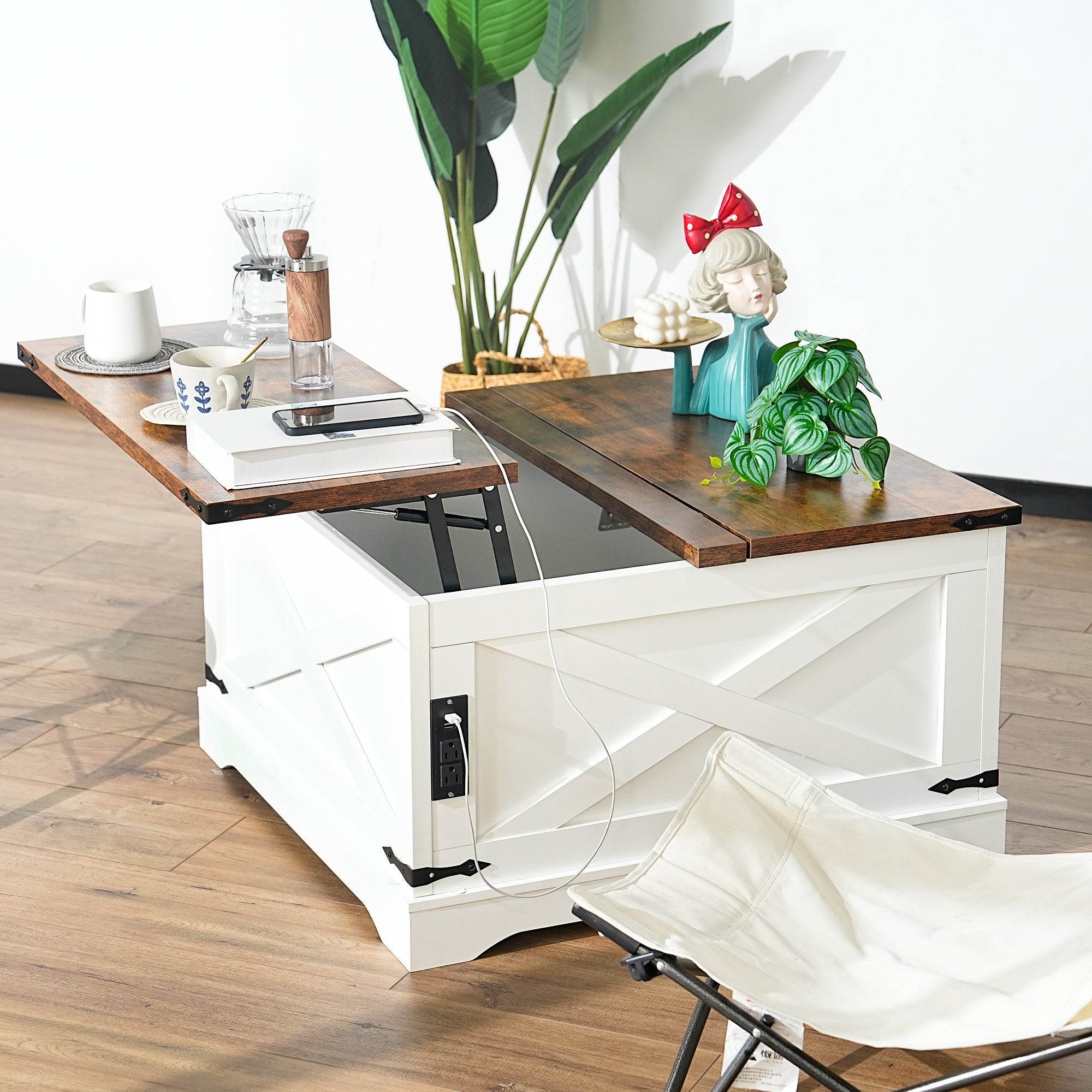 Lift-Top Coffee Table with Storage & Charging Station,Multi-functional Lifting Dining Table Coffee Table,Living Room Home Table,Space-Saving Modern Design.35.4'x 35.4',Vintage White