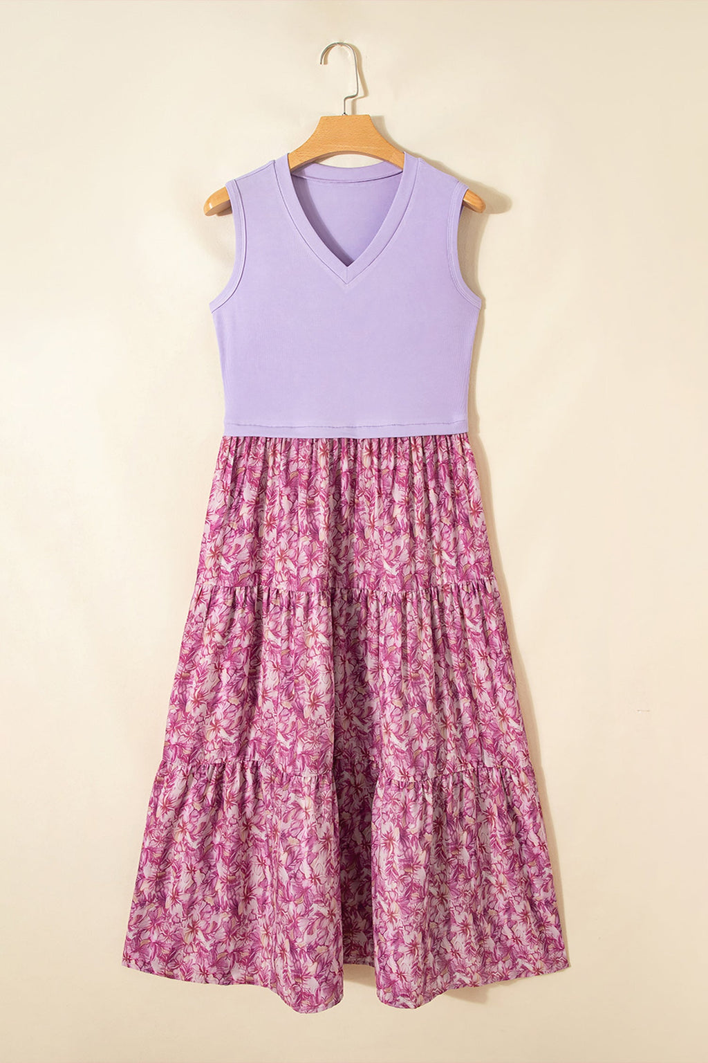 Floral Contrast Patchwork Ribbed V-Neck Tank Dress
