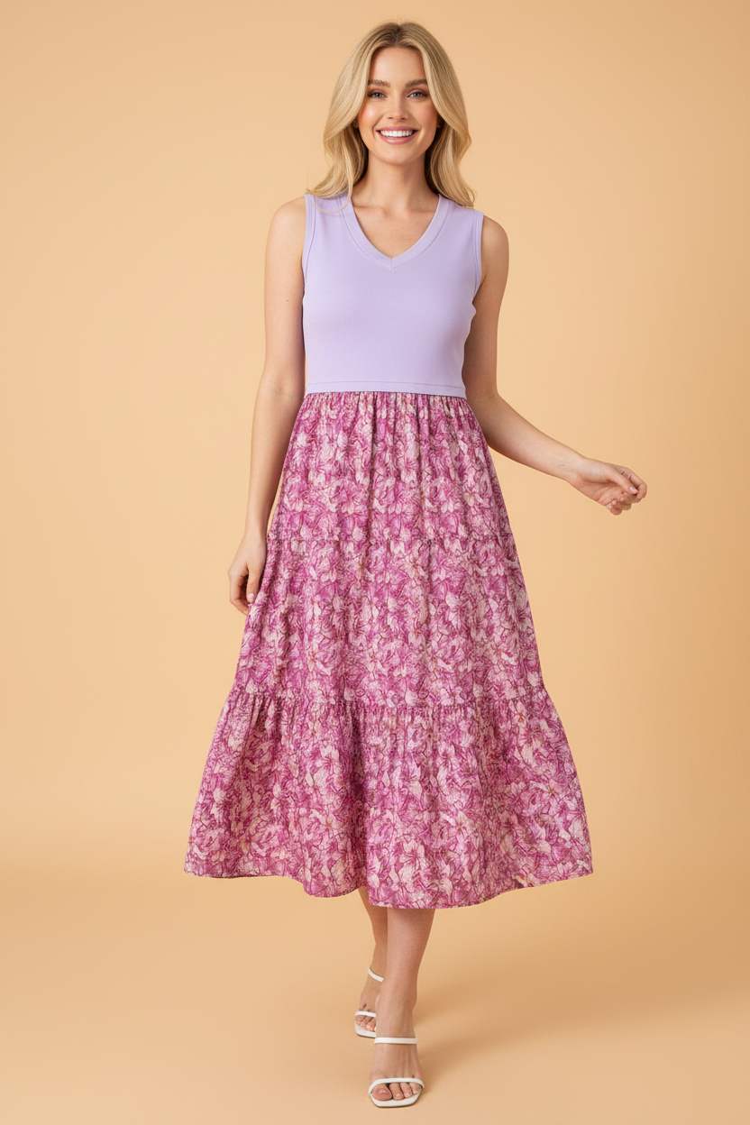 Floral Contrast Patchwork Ribbed V-Neck Tank Dress
