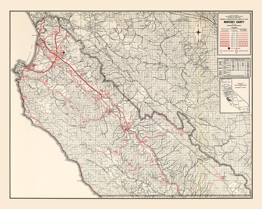 Vintage Map of Monterey County, California 1935