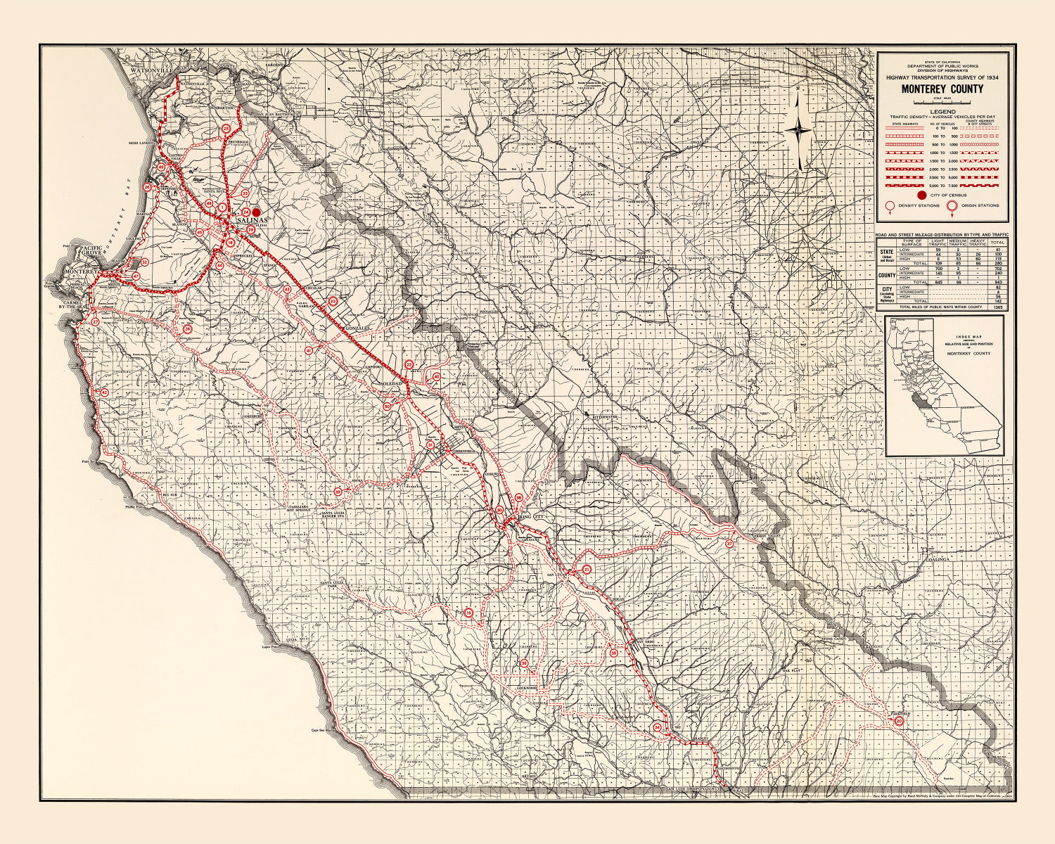 Vintage Map of Monterey County, California 1935