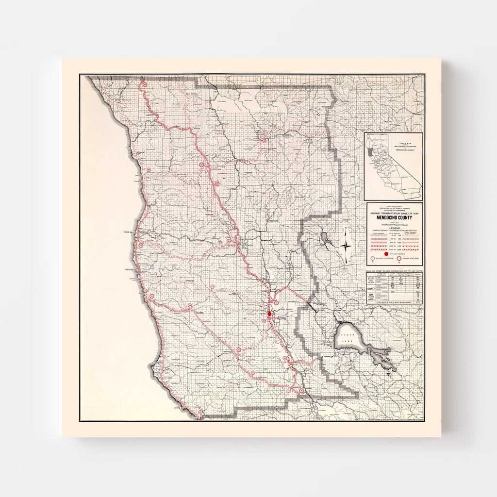 Vintage Map of Mendocino County, California 1935