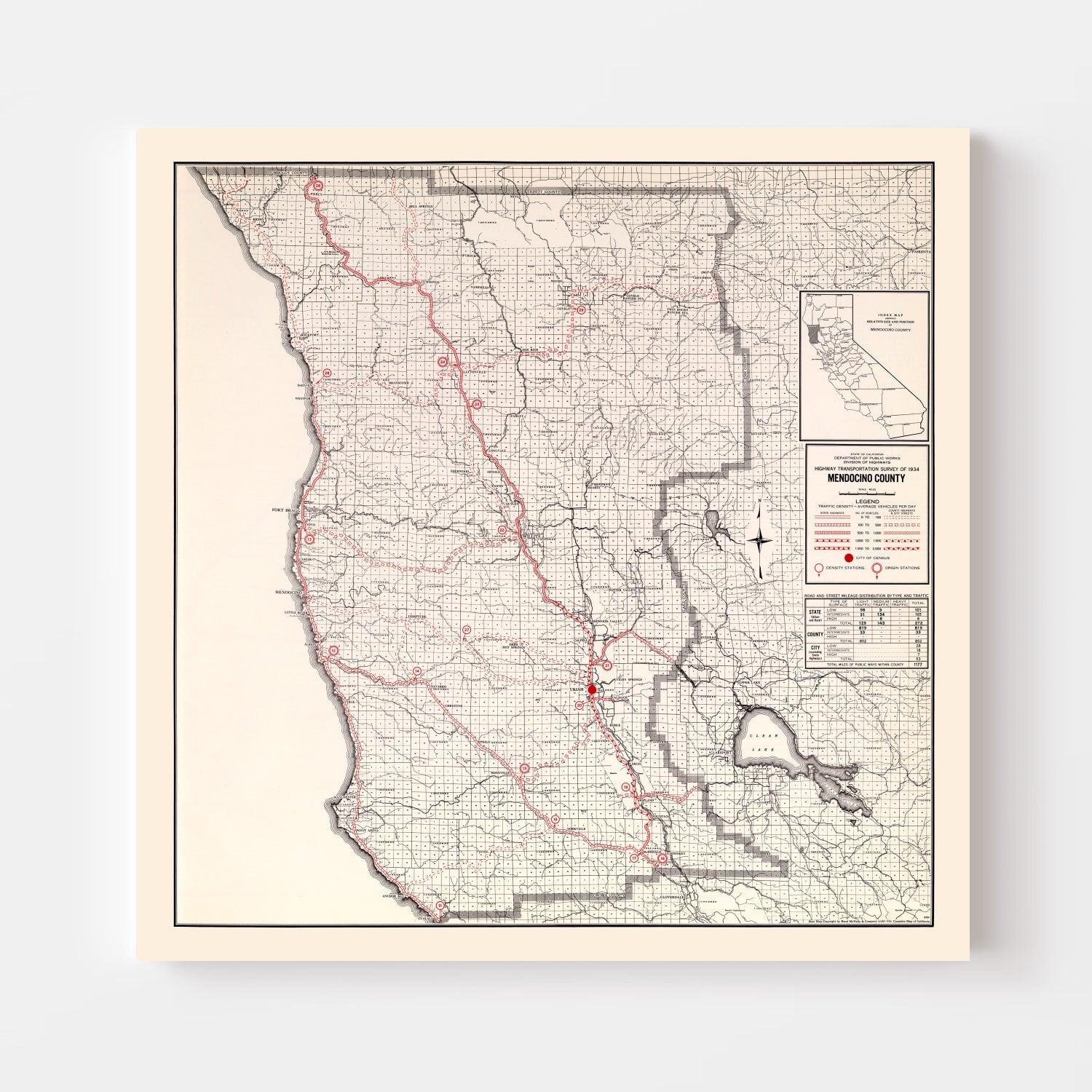 Vintage Map of Mendocino County, California 1935