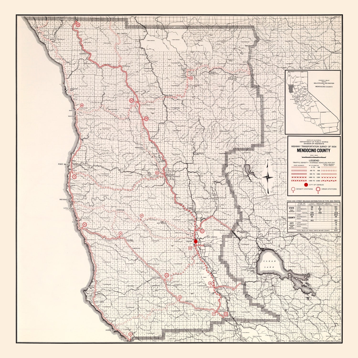Vintage Map of Mendocino County, California 1935