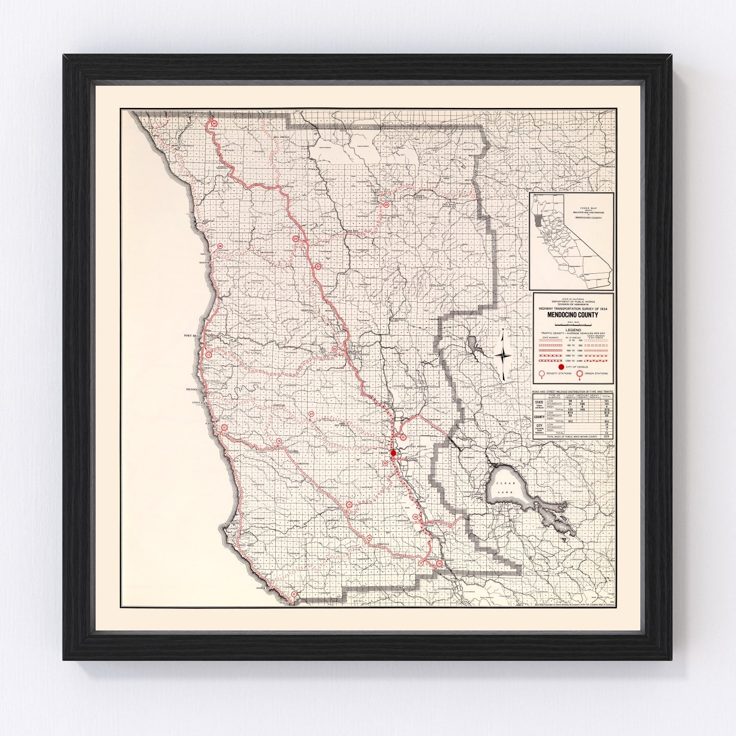 Vintage Map of Mendocino County, California 1935