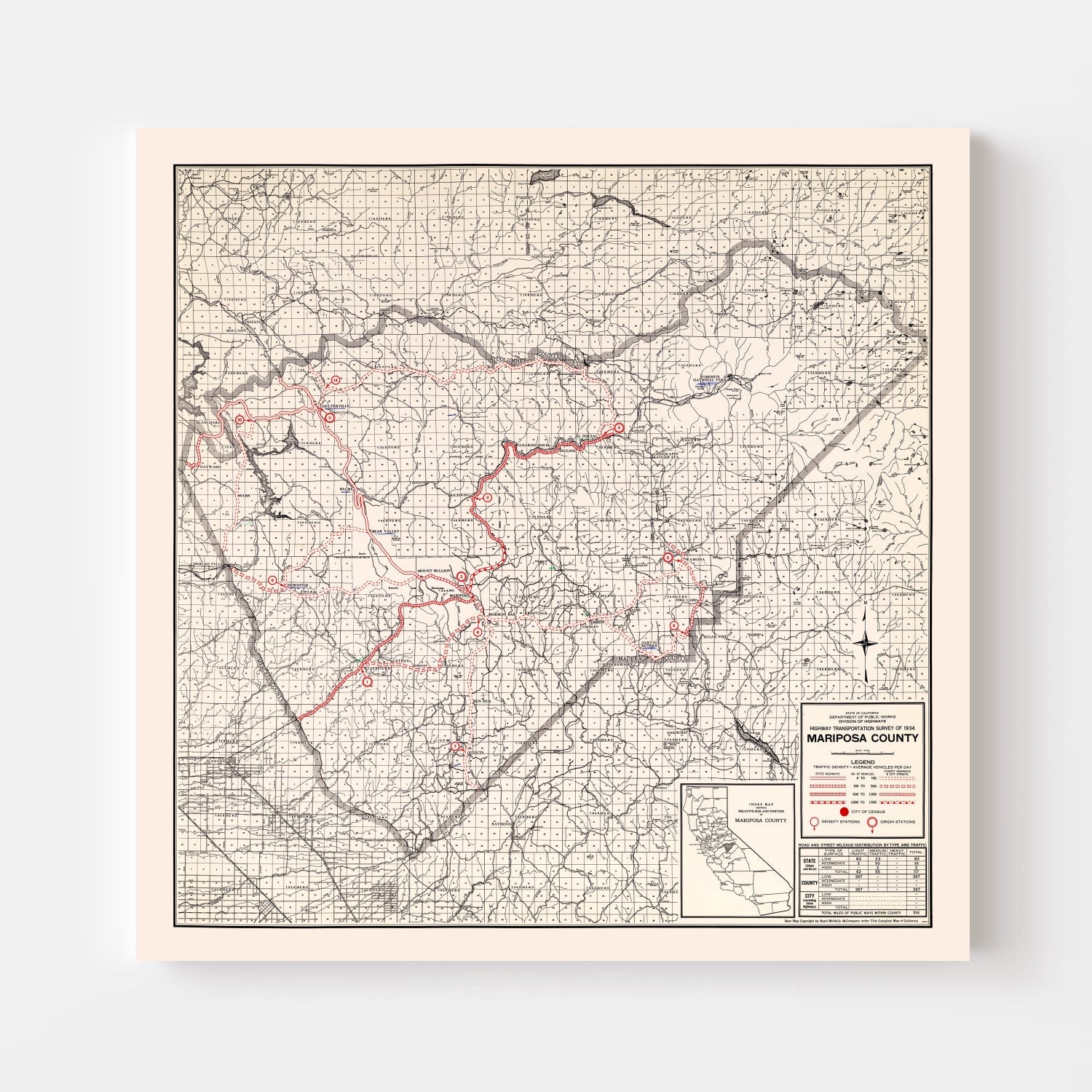 Vintage Map of Mariposa County, California 1935
