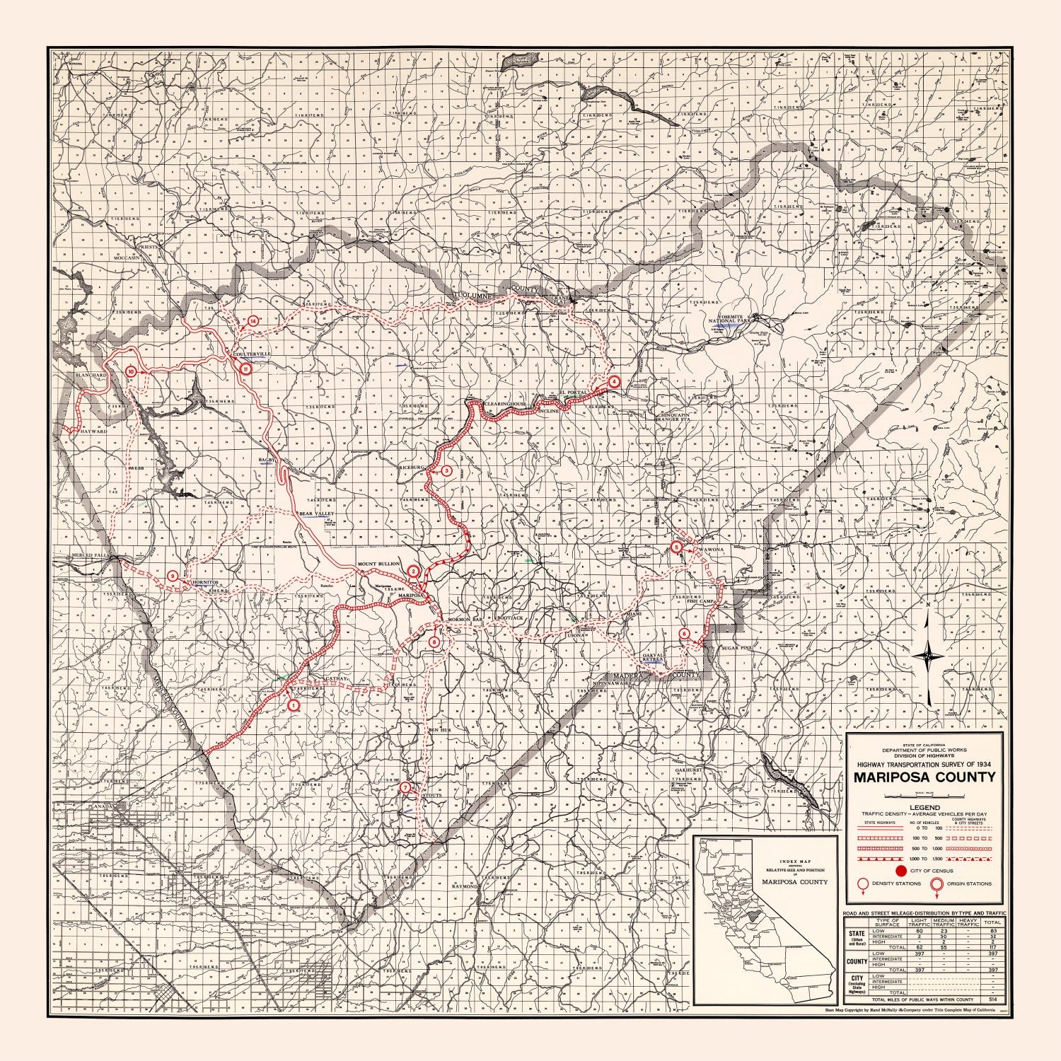 Vintage Map of Mariposa County, California 1935