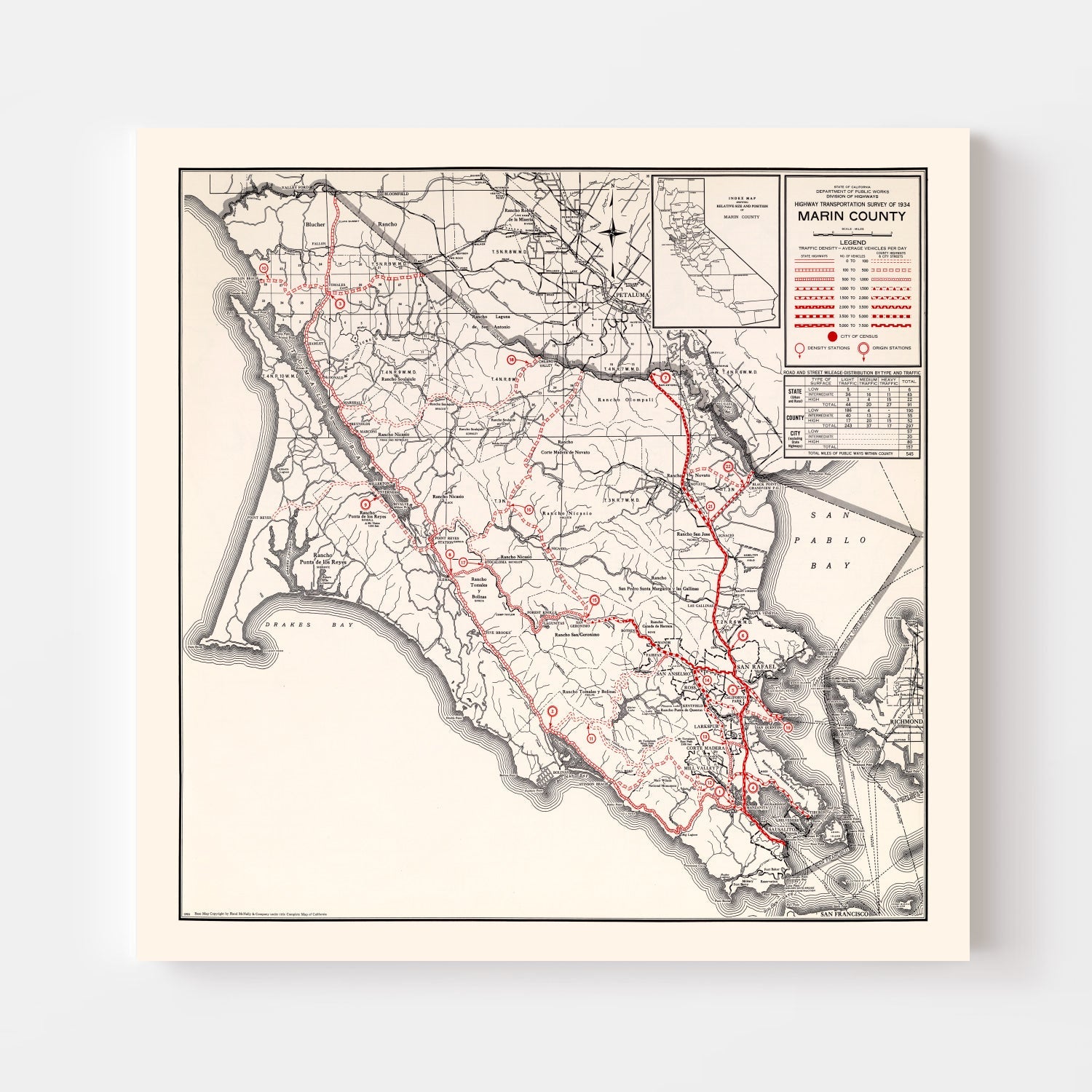 Vintage Map of Marin County, California 1935