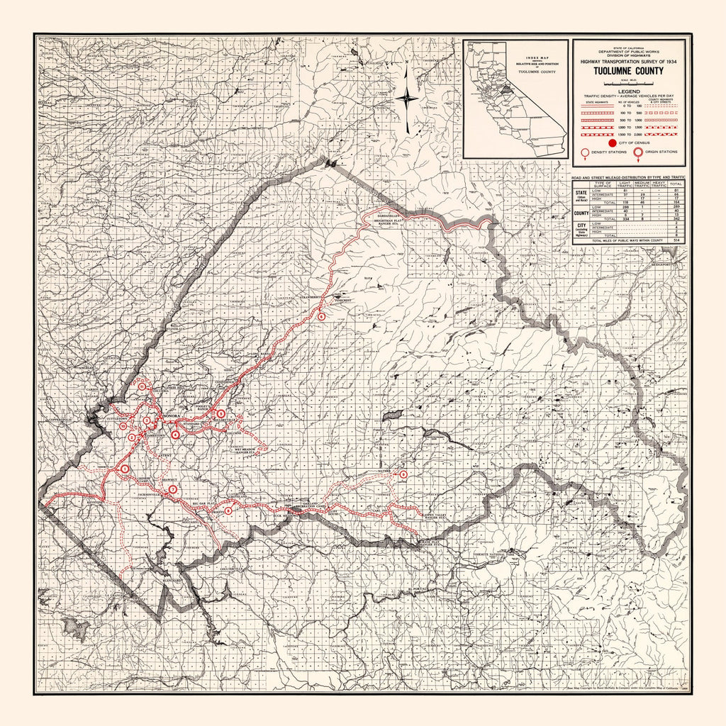 Vintage Map of Tuolumne County, California 1935