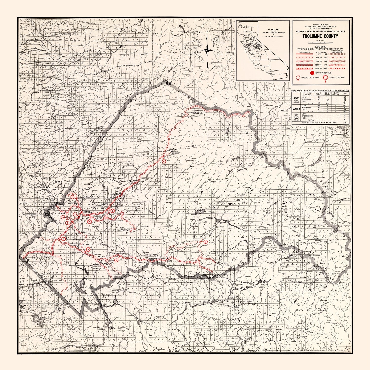 Vintage Map of Tuolumne County, California 1935