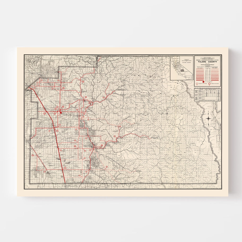 Vintage Map of Tulare County, California 1935