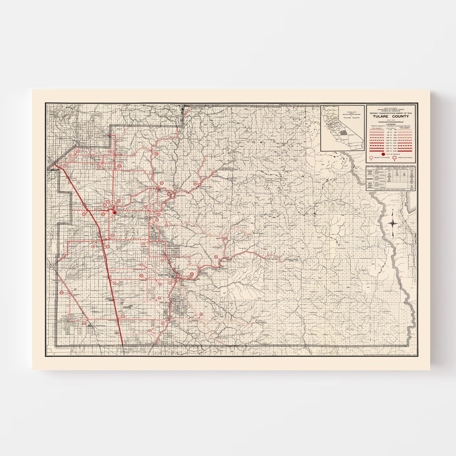 Vintage Map of Tulare County, California 1935