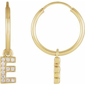 14K Yellow Gold .04 CTW Natural Diamond Single Initial E Hoop Earring