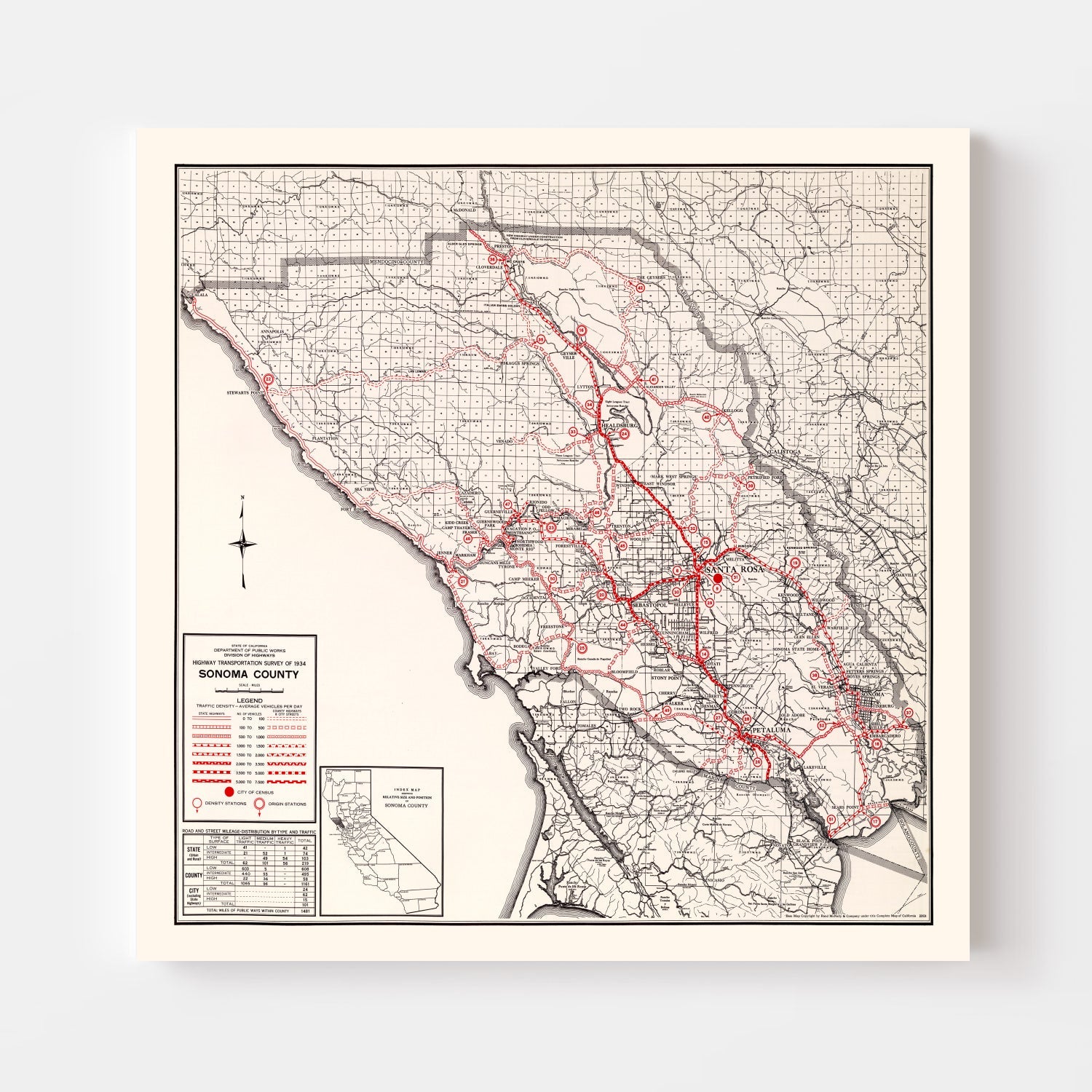 Vintage Map of Sonoma County, California 1935