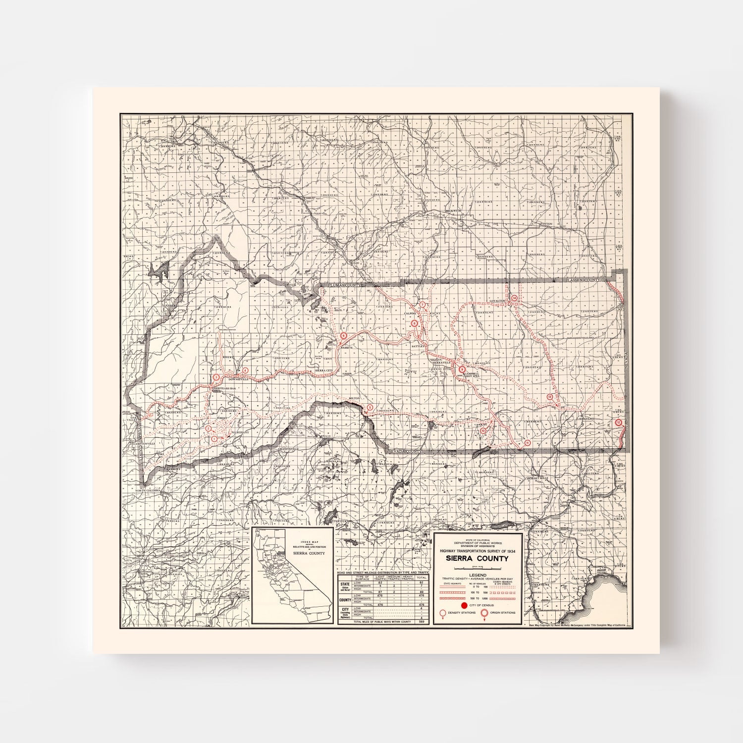 Vintage Map of Sierra County, California 1935