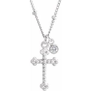 14K White Gold .06 CT Natural Diamond Beaded Cross 20" Necklace