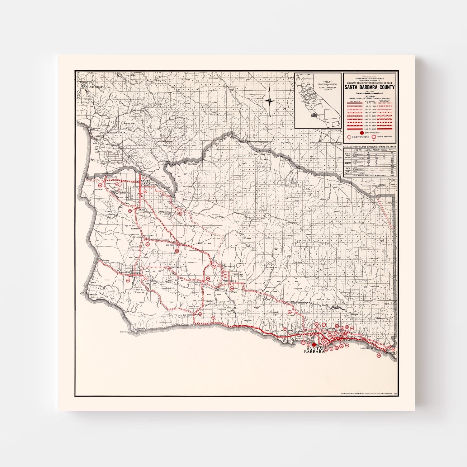 Vintage Map of Santa Barbara County, California 1935