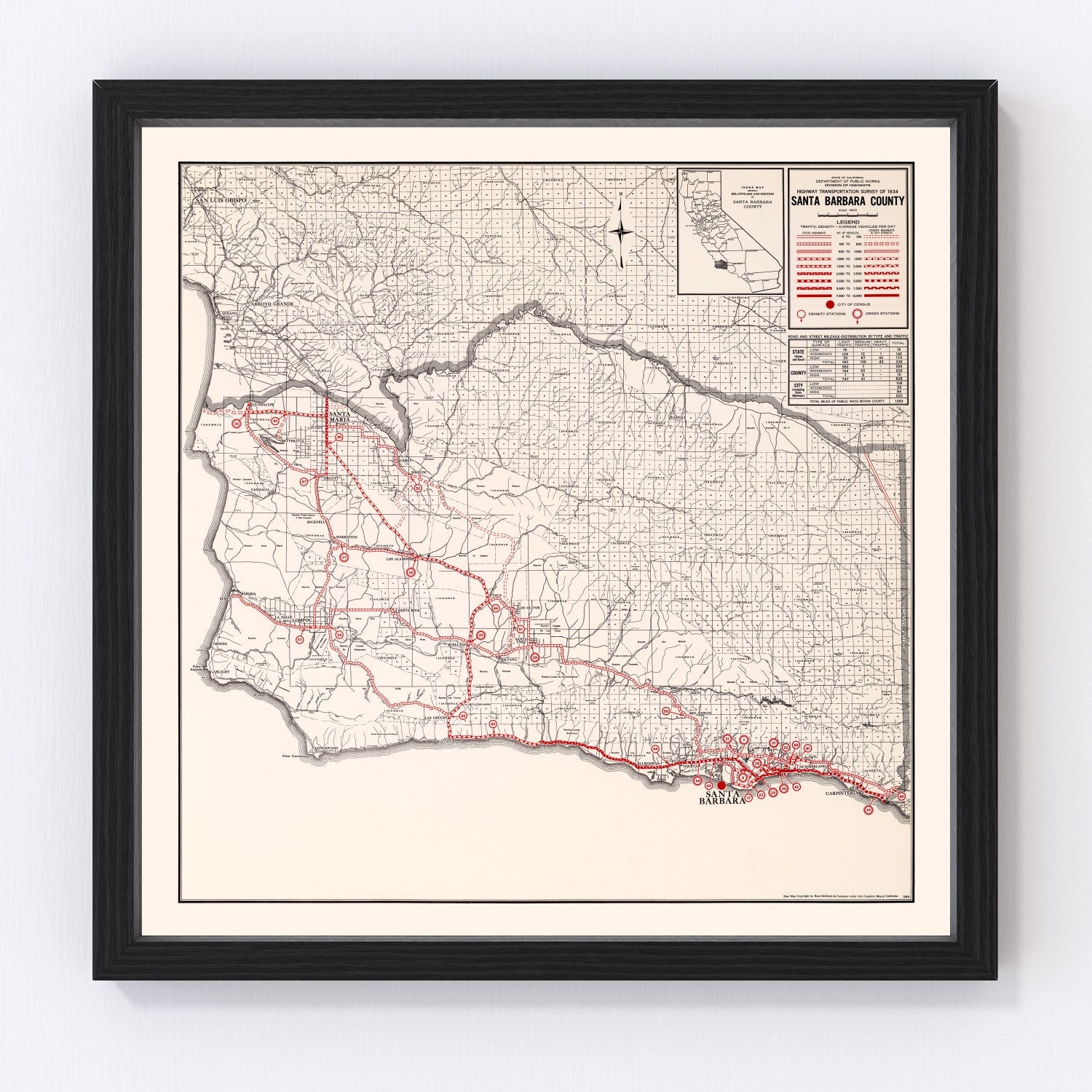 Vintage Map of Santa Barbara County, California 1935