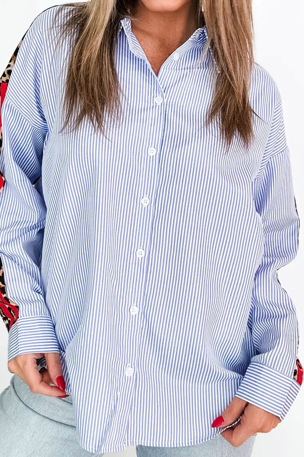 Varsity Stripe Leopard Patchwork Button Down Shirt