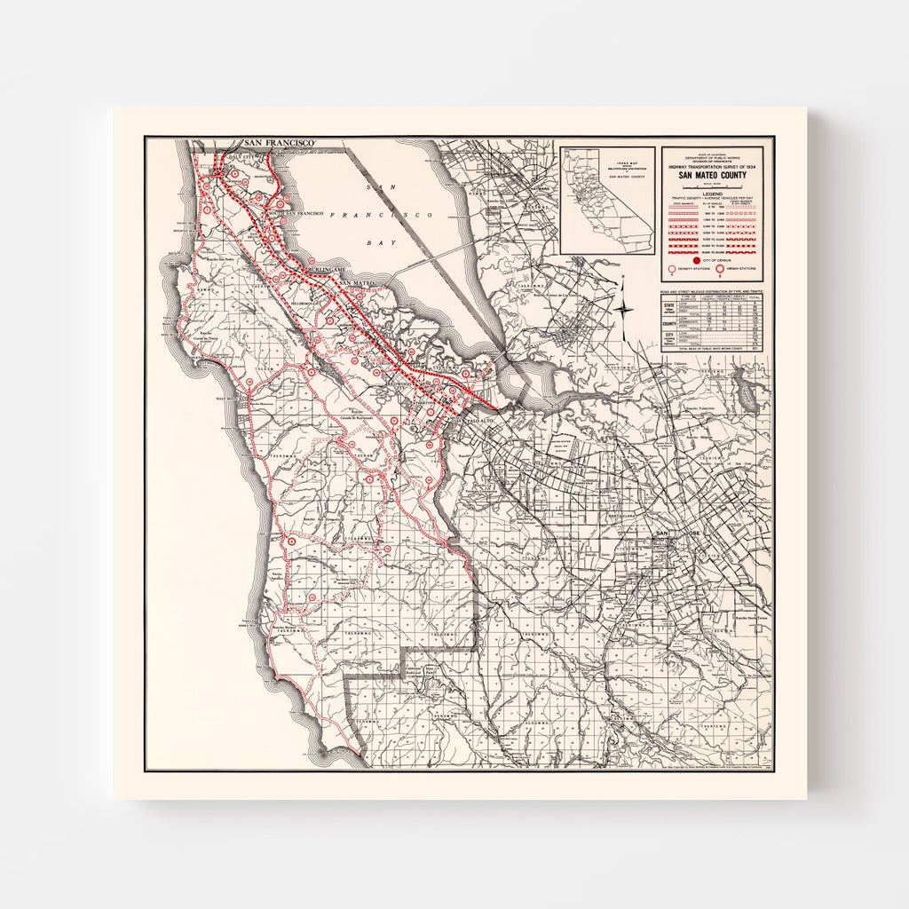 Vintage Map of San Mateo County, California 1935
