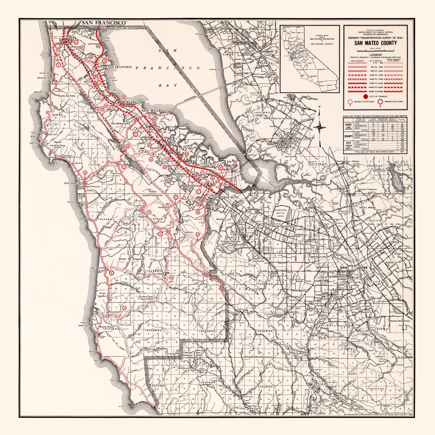 Vintage Map of San Mateo County, California 1935