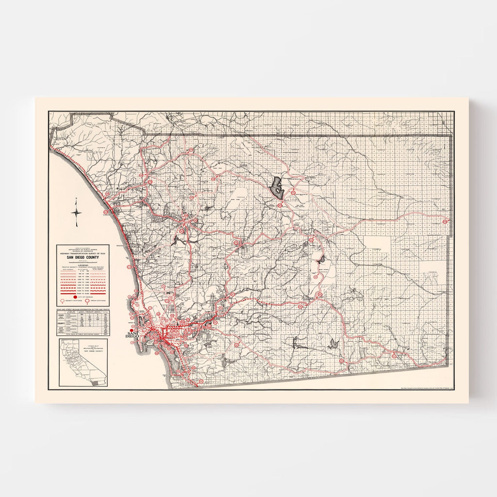 Vintage Map of San Diego County, California 1935