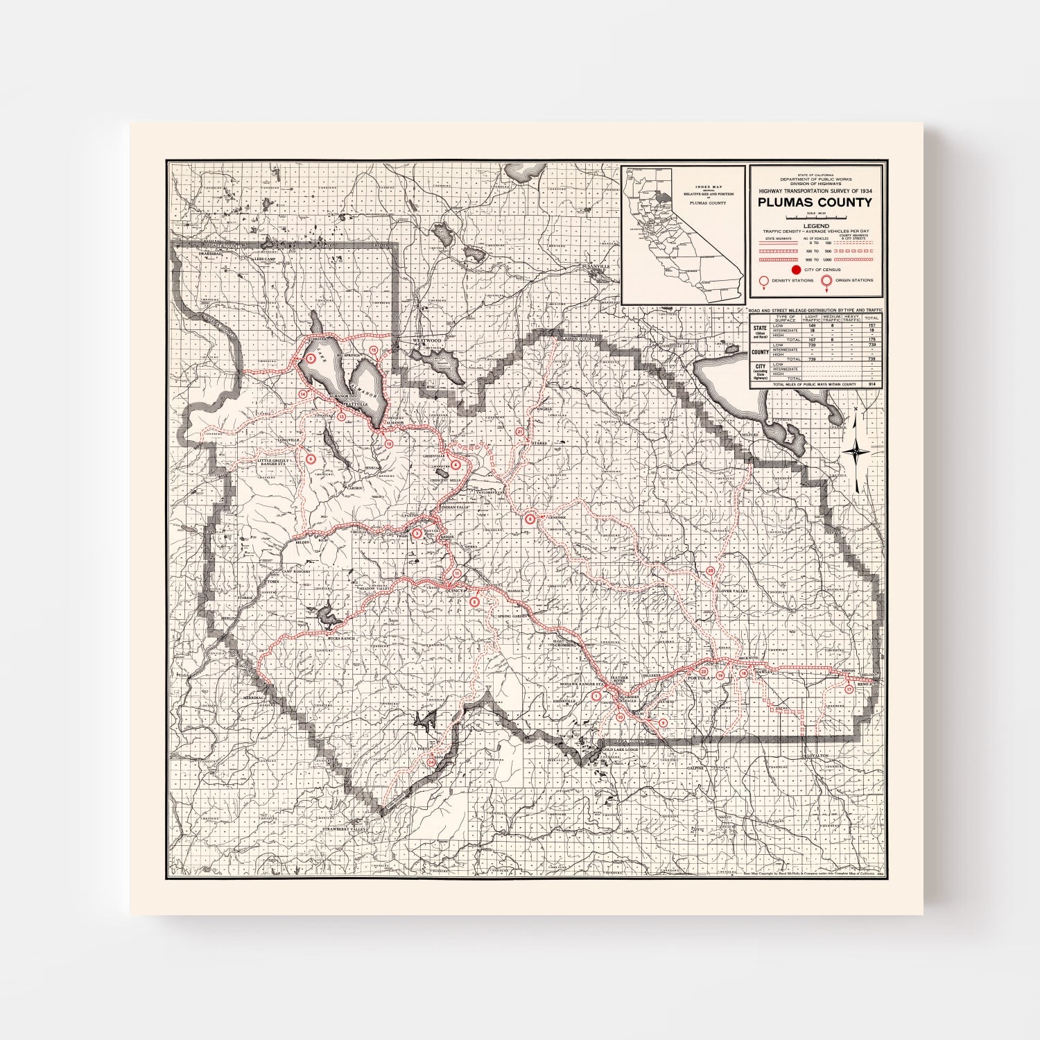 Vintage Map of Plumas County, California 1935
