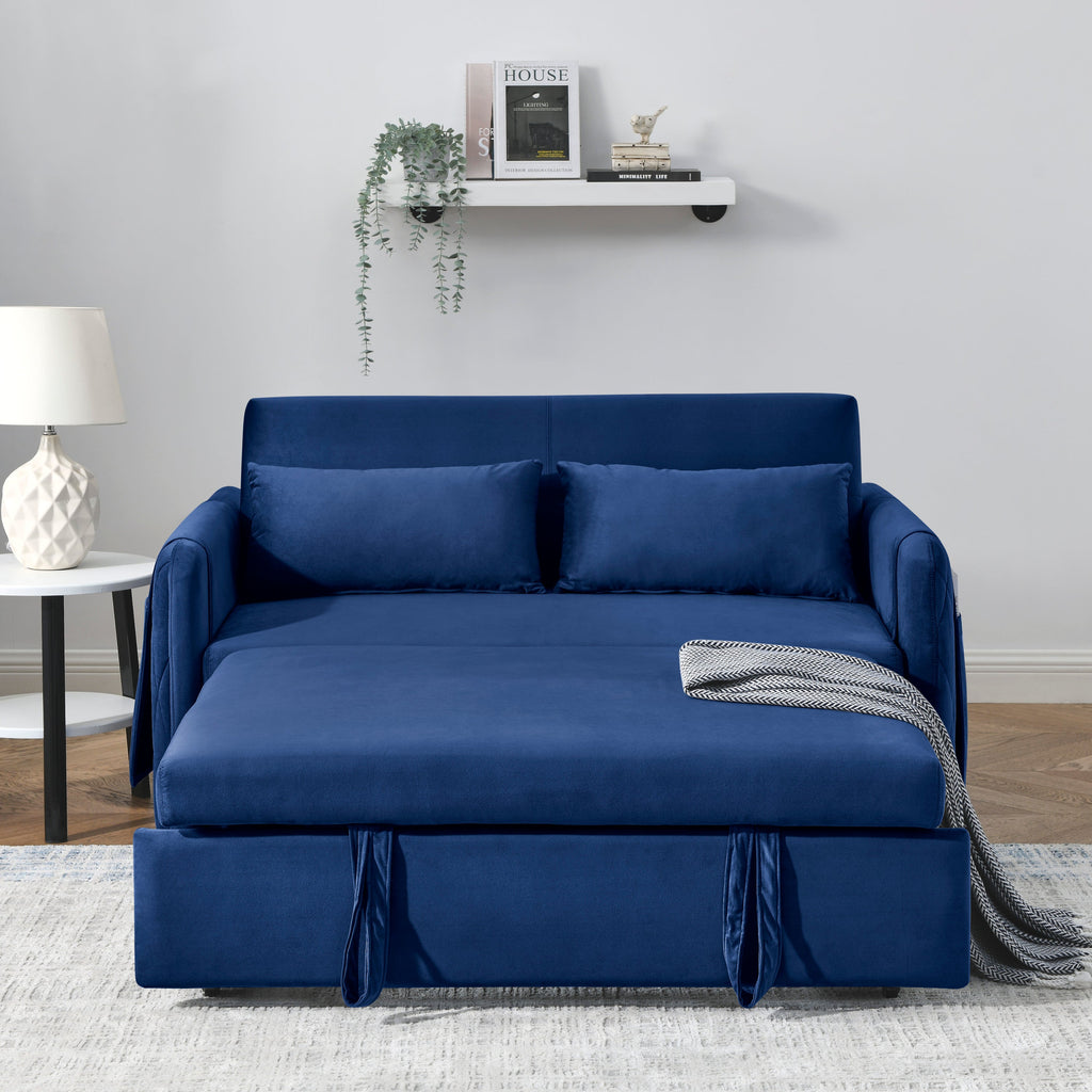 55' Modern Convertible Sofa Bed with 2 Detachable Arm Pockets, Velvet Loveseat Sofa with Pull Out Bed, 2 Pillows and Living Room Adjustable Backrest, Grid Design Armrests