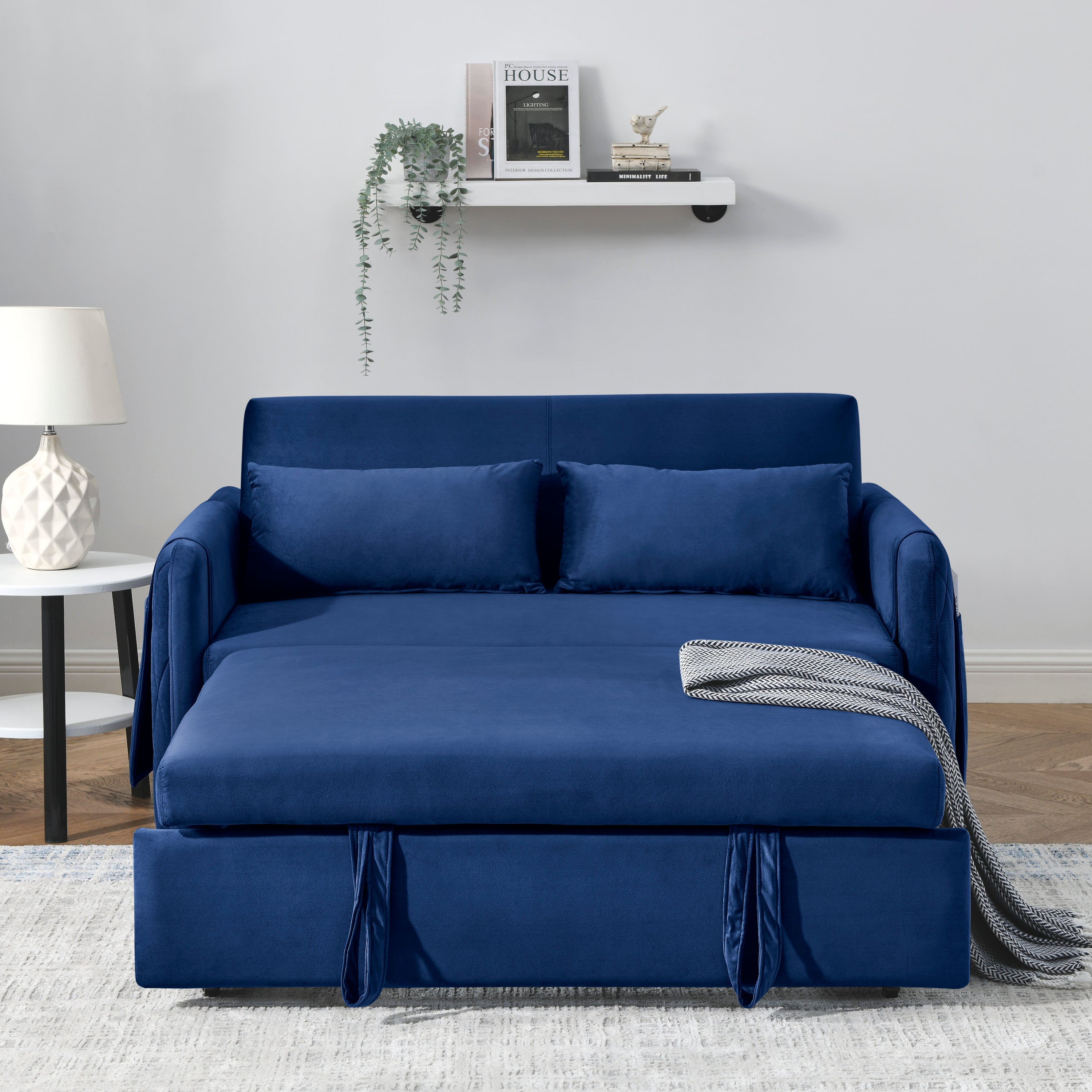 55' Modern Convertible Sofa Bed with 2 Detachable Arm Pockets, Velvet Loveseat Sofa with Pull Out Bed, 2 Pillows and Living Room Adjustable Backrest, Grid Design Armrests