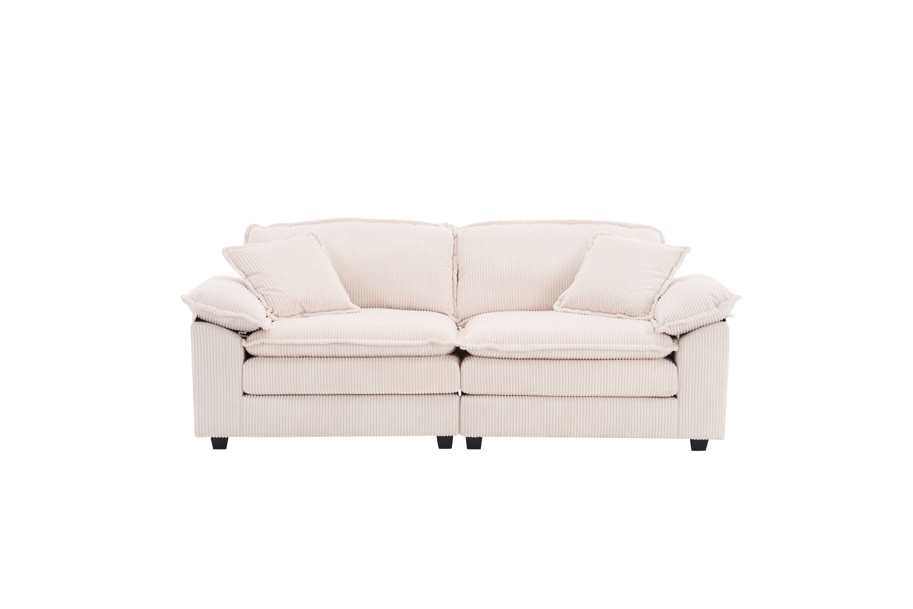 Corduroy 2-seats sofa With 2 back pillows,2 toss pillows and two ottoman,Comfy Sofa- Deep Seat Couch for Living Room,White