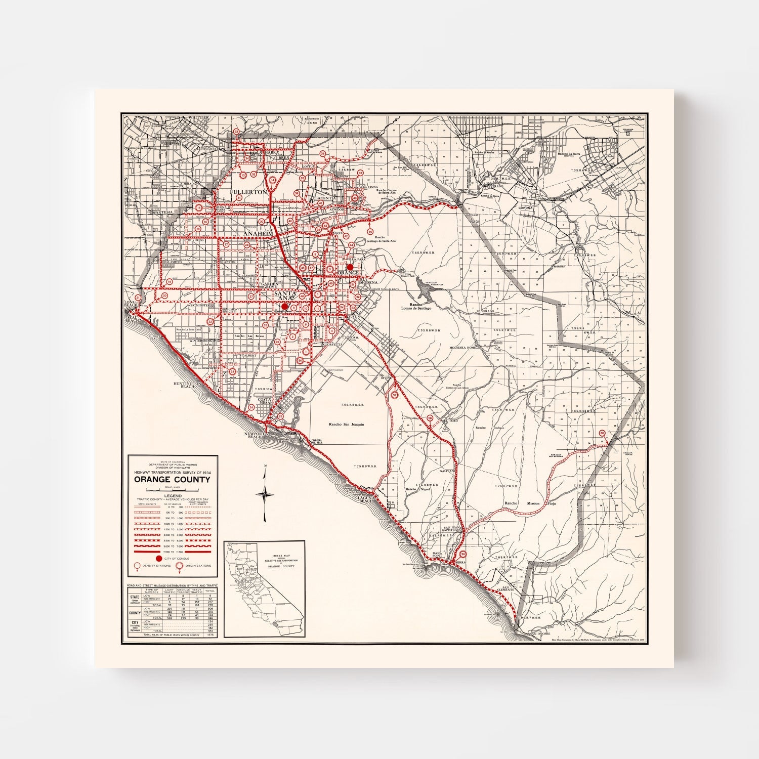Vintage Map of Orange County, California 1935