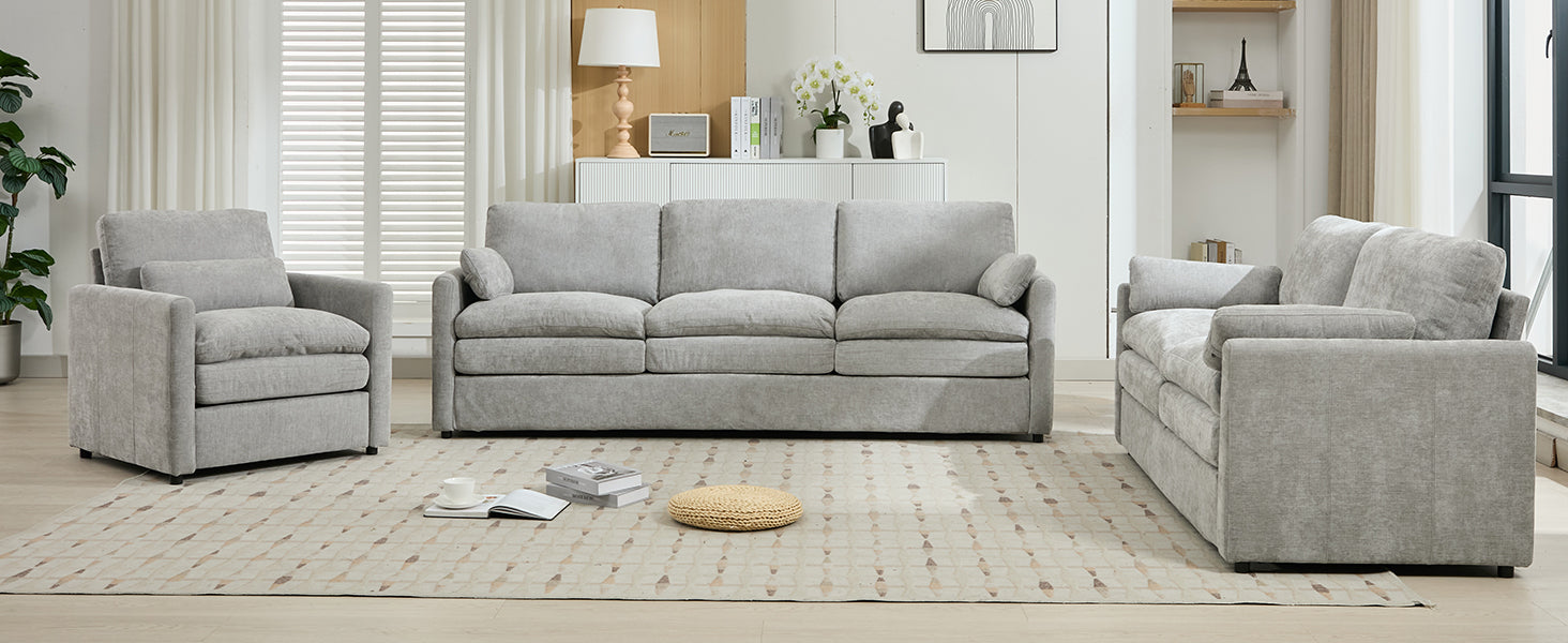 Cozy Upholstered Sofa Set with Double Cushion Design, Light Grey Chenille Fabric, Modern Living Room Couch