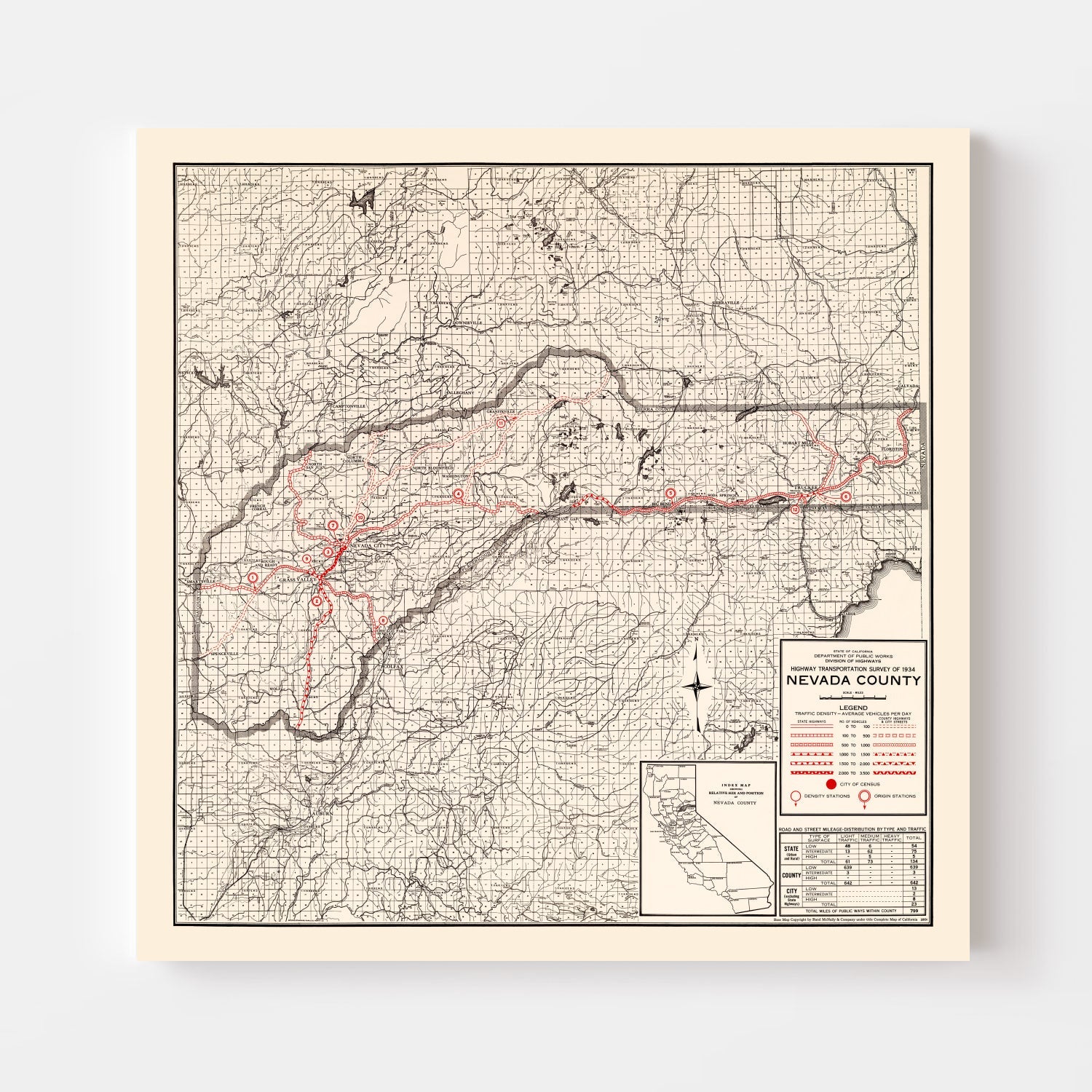 Vintage Map of Nevada County, California 1935