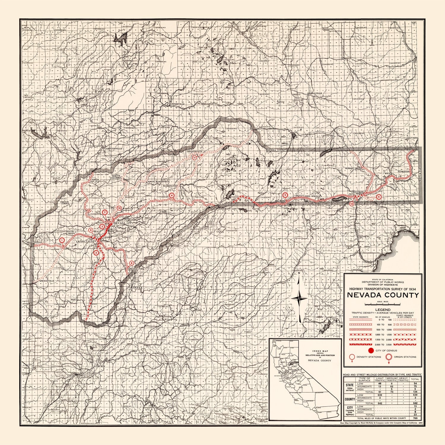 Vintage Map of Nevada County, California 1935